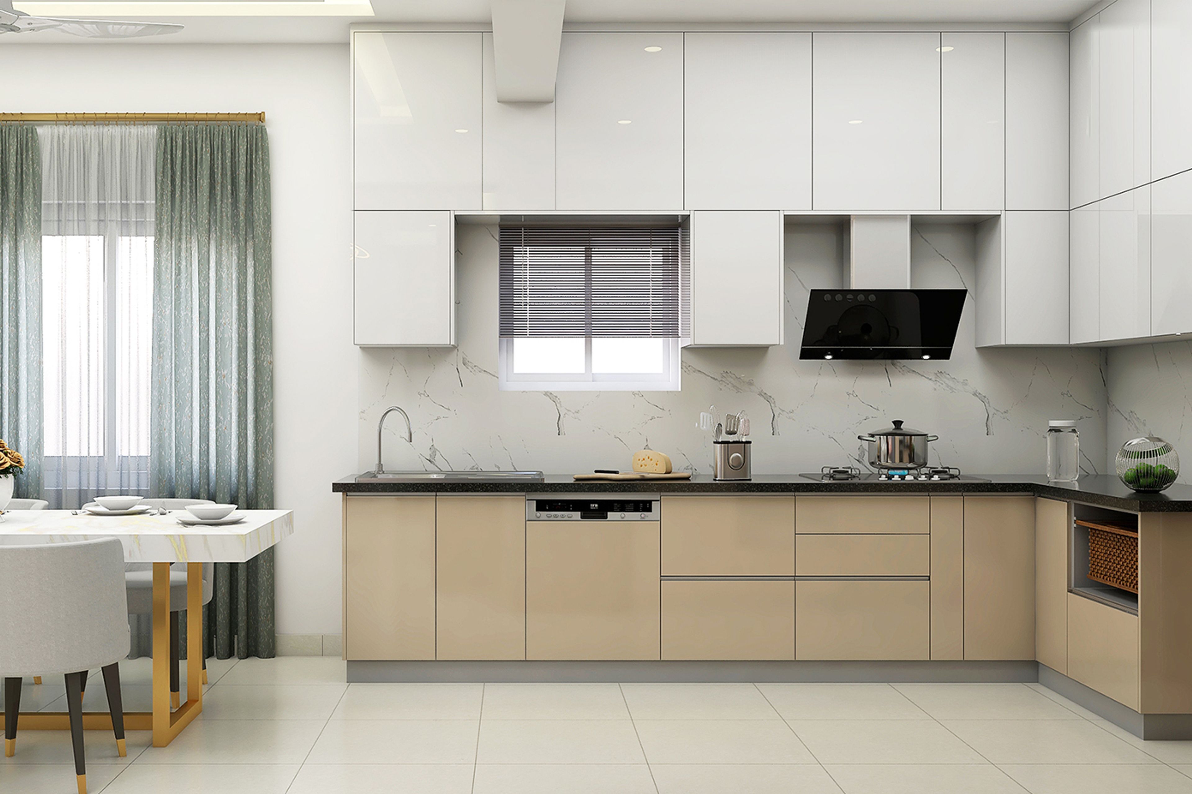 Modern Beige And White Modular Kitchen Design