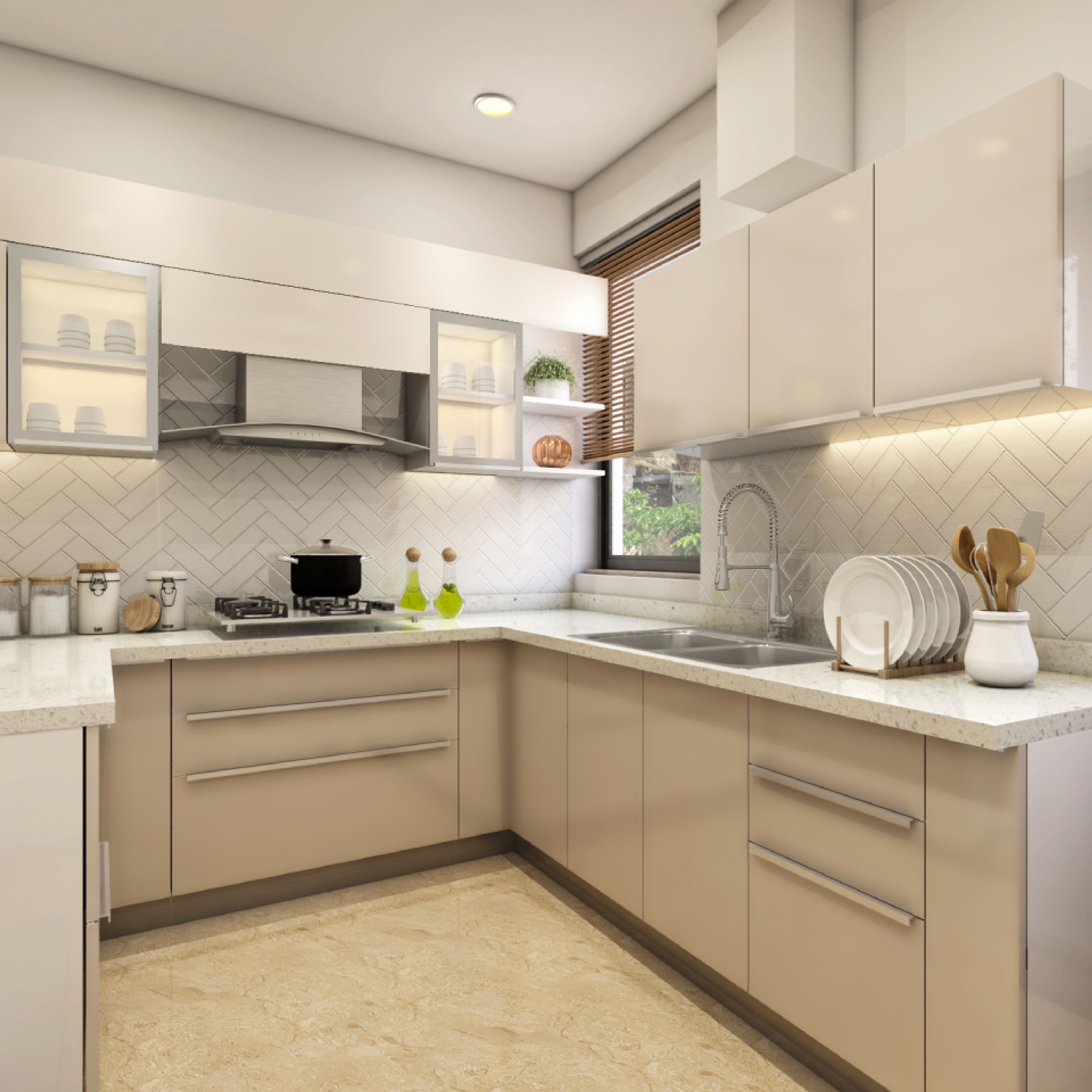 Contemporary L-Shaped Modular Kitchen Design With Profiled Glass Shutters