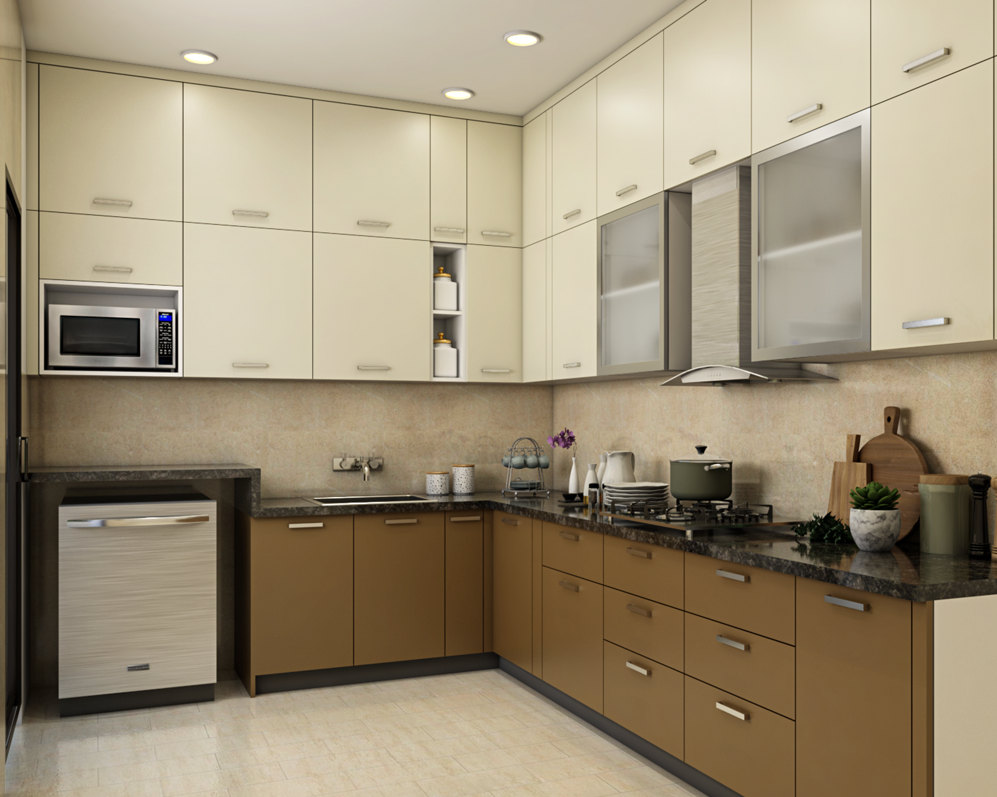 Modern L-Shaped Kitchen Design In Brown And Off-White