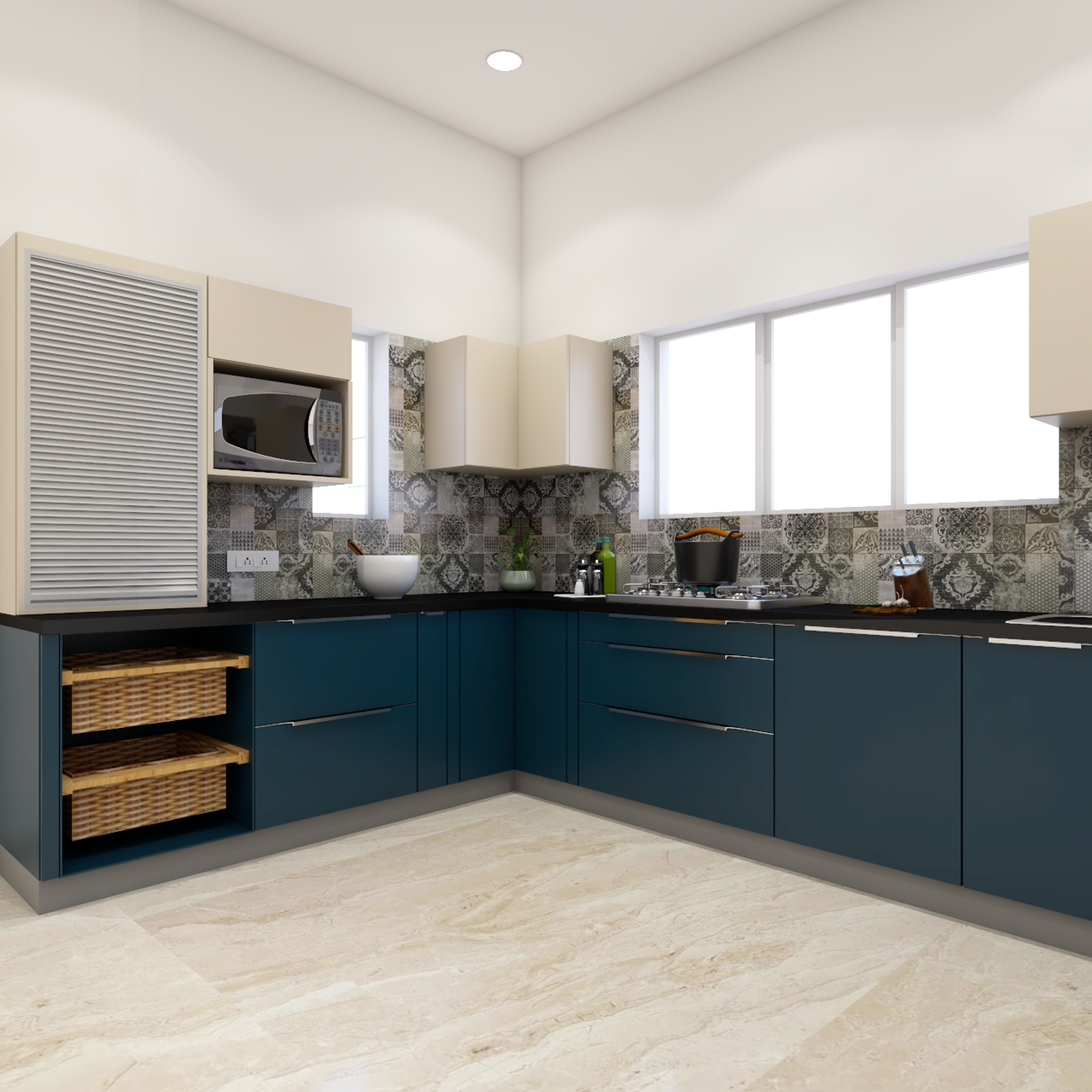 Modern L-Shaped Modular Kitchen Design With Wicker Baskets