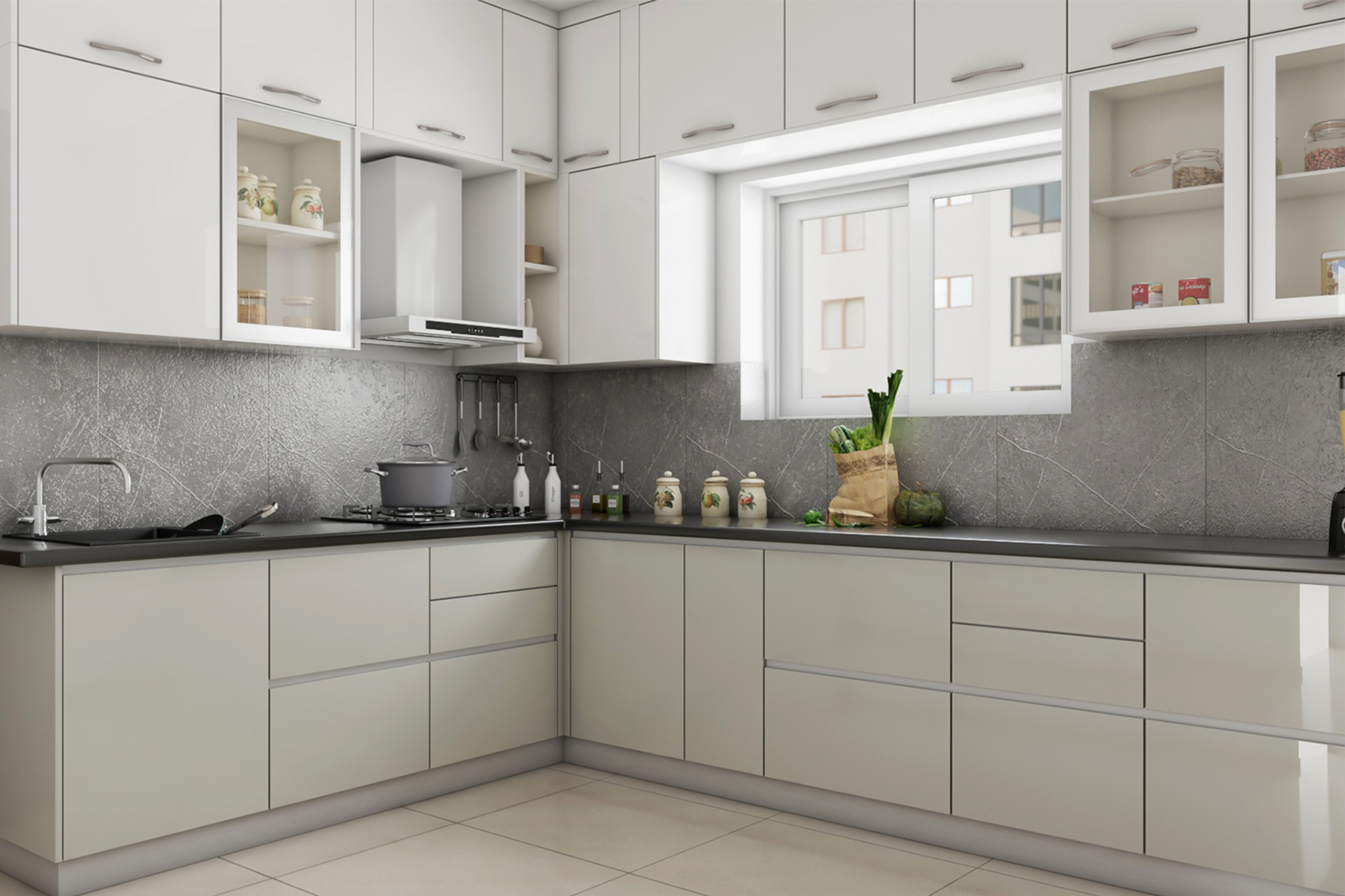 Contemporary White And Beige Kitchen Design