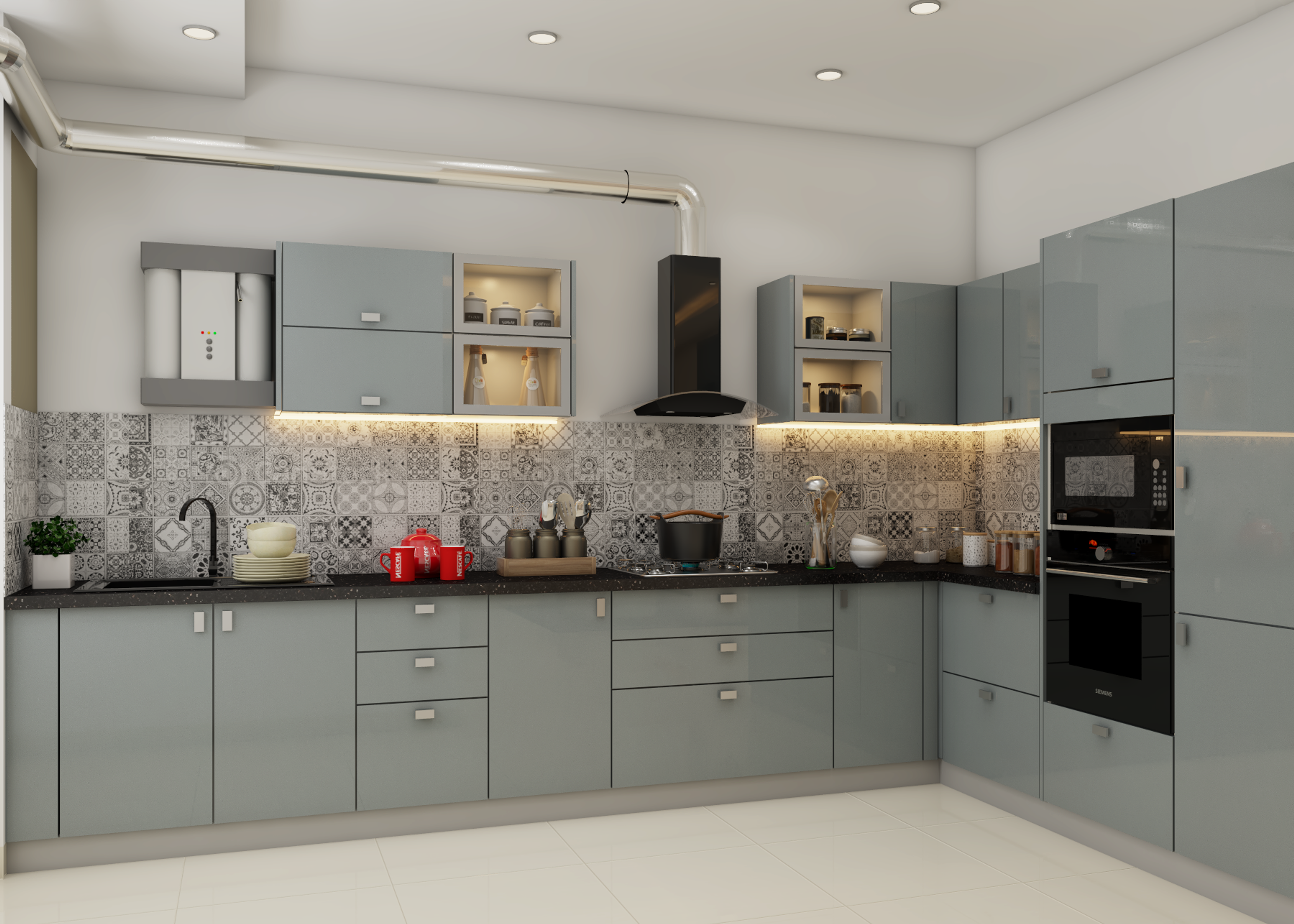 Modern L-Shaped Modular Kitchen Design With Grey Cabinets