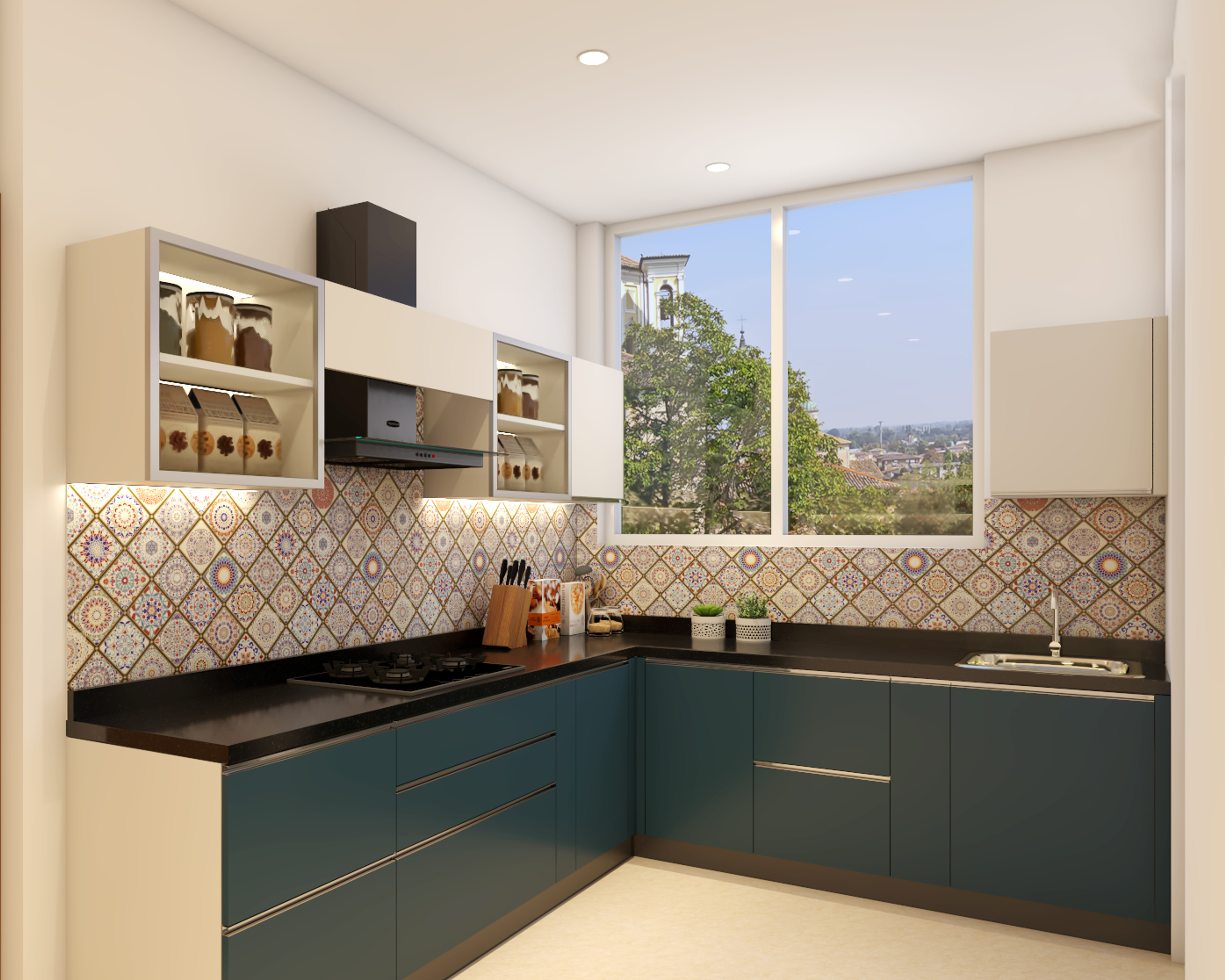 Contemporary Kitchen Design With Dark Blue And White Cabinets