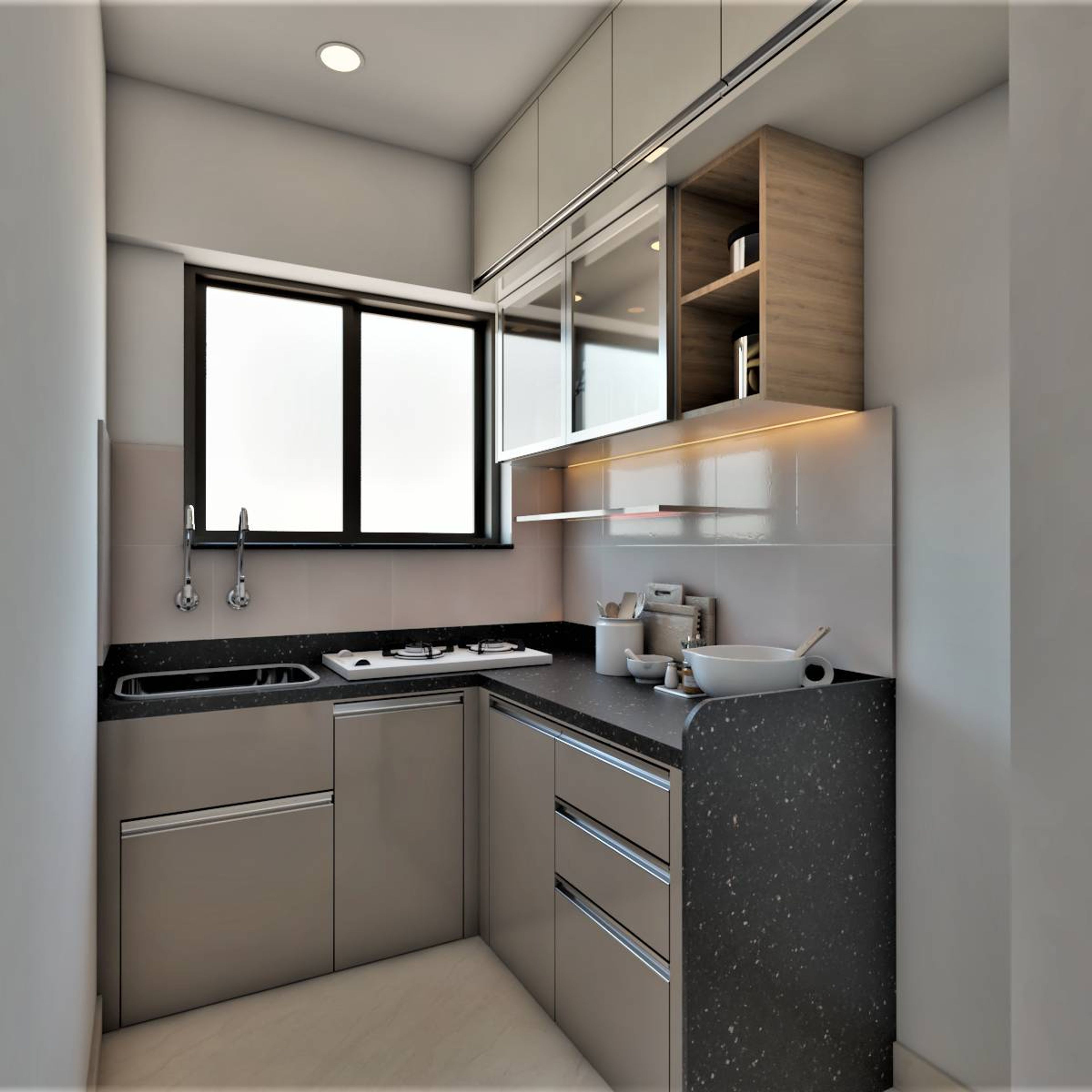 Contemporary L-Shaped Modular Kitchen Design With Wooden Cabinets