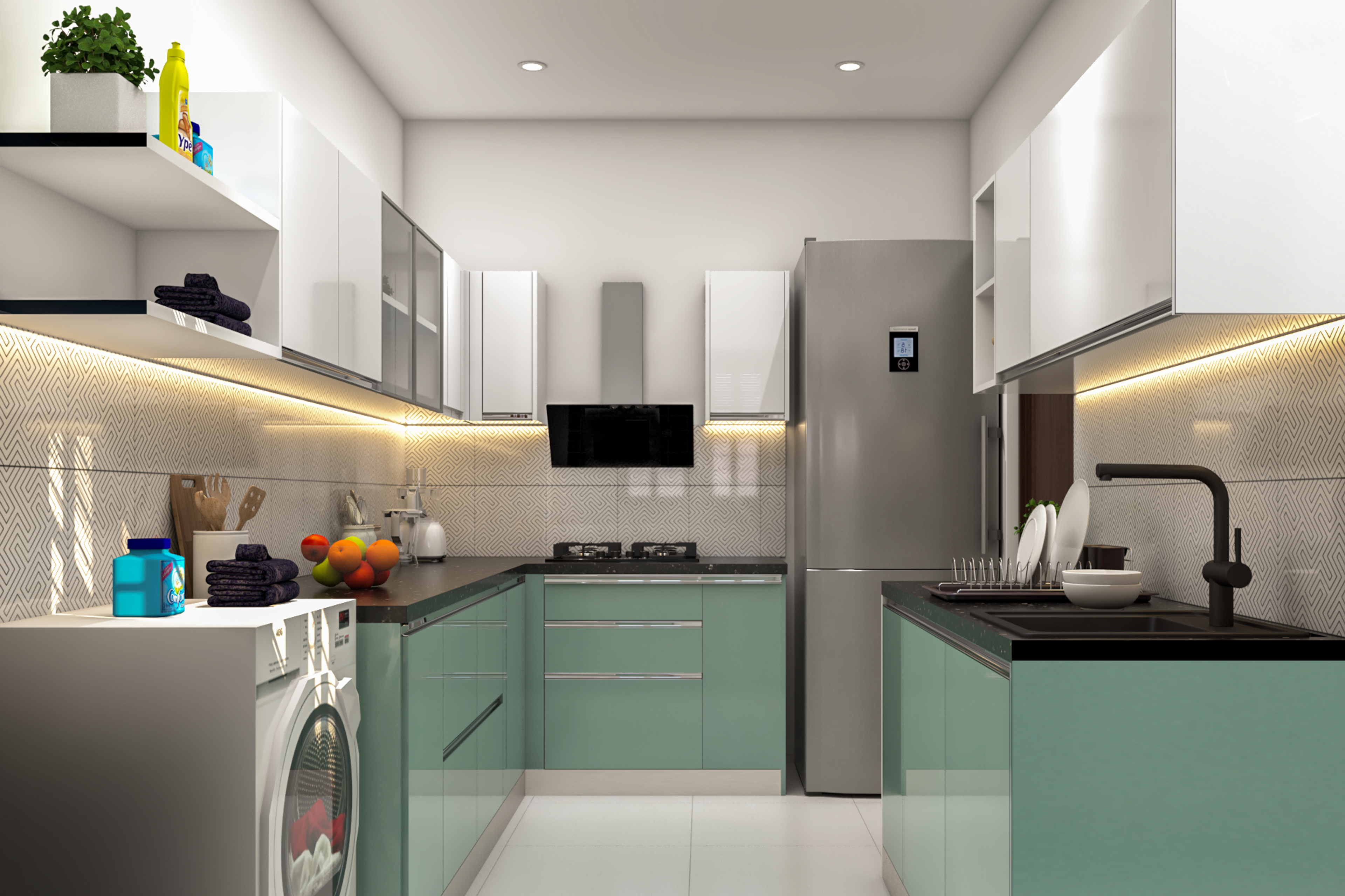 Modern Green Modular Kitchen Design With Under Cabinet Lighting