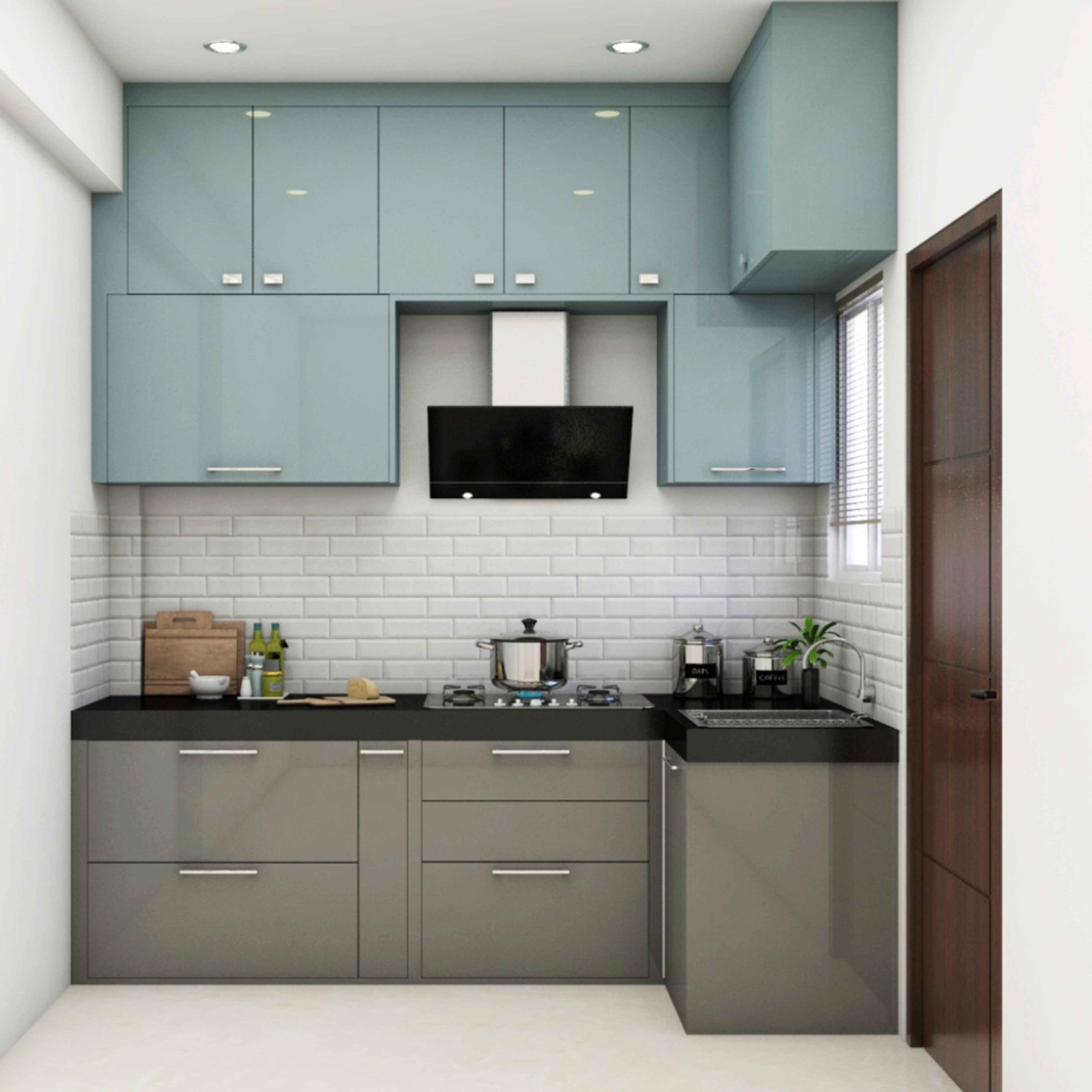 Modern L-Shaped Modular Blue And Grey Kitchen Design