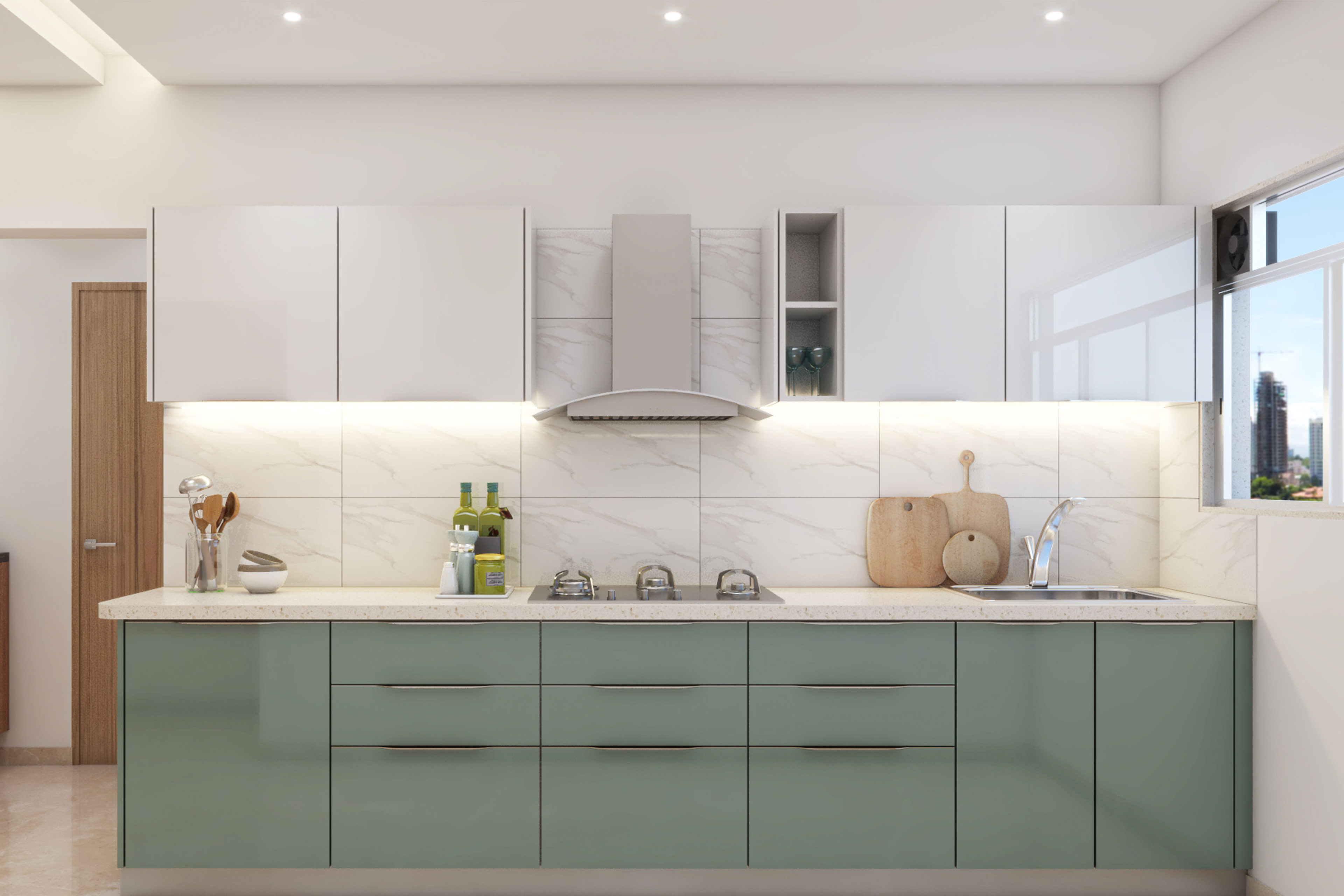 Contemporary Kitchen Design In Green And White