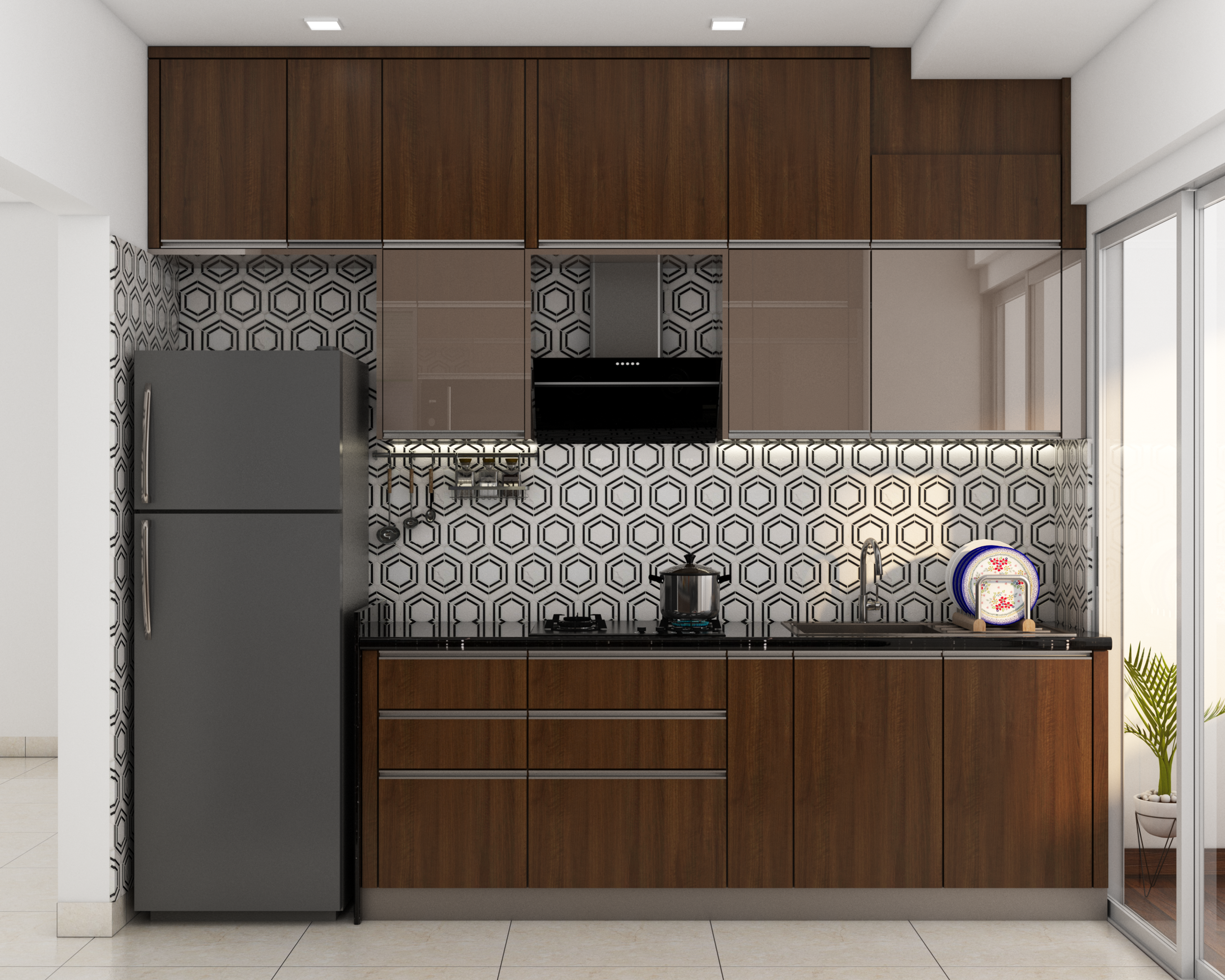 Parallel Kitchen Design With Open Ledges And Wooden Cabinets