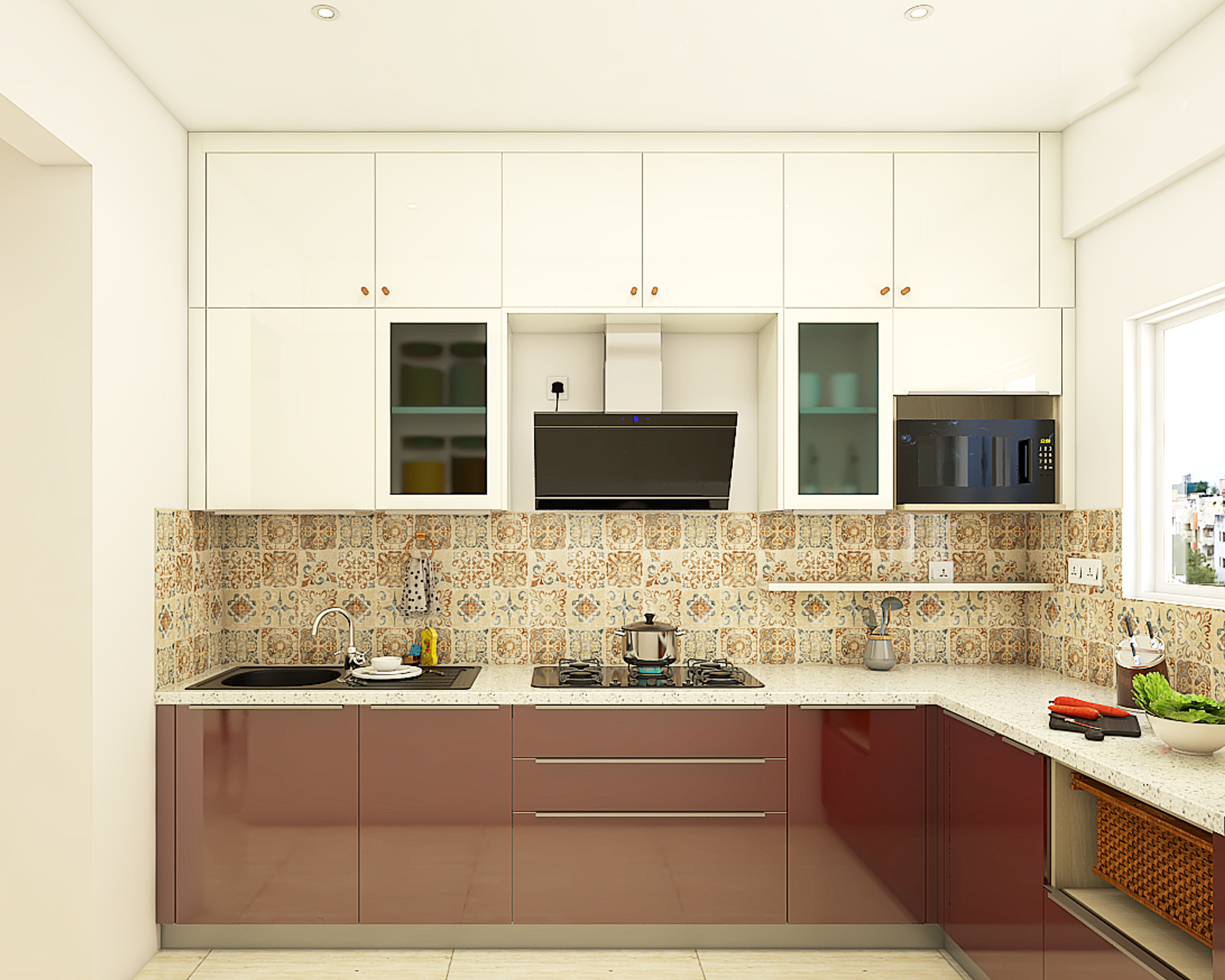 Modern Modular Kitchen Design With Red And White Cabinets