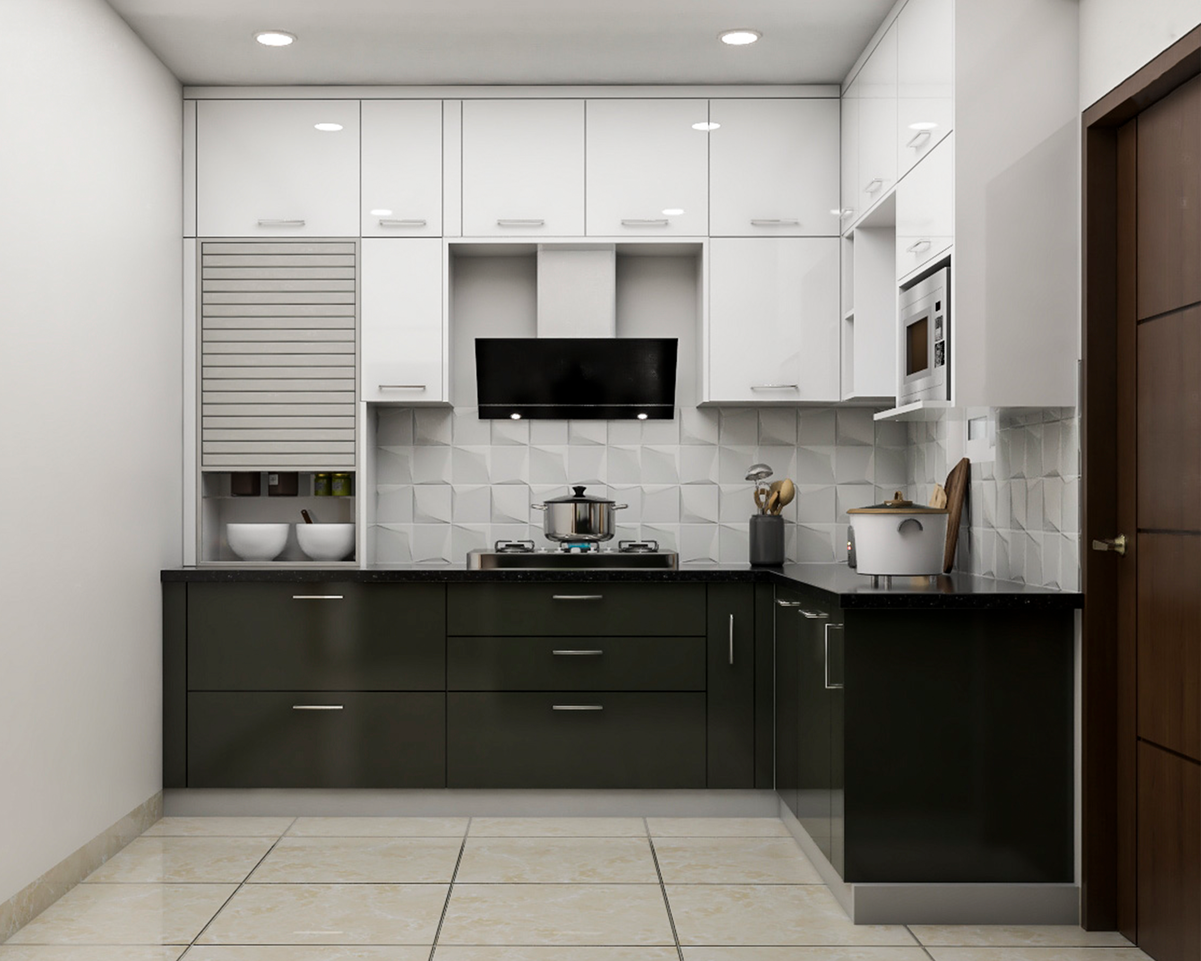Contemporary Black And White Modular L-Shape Kitchen Design