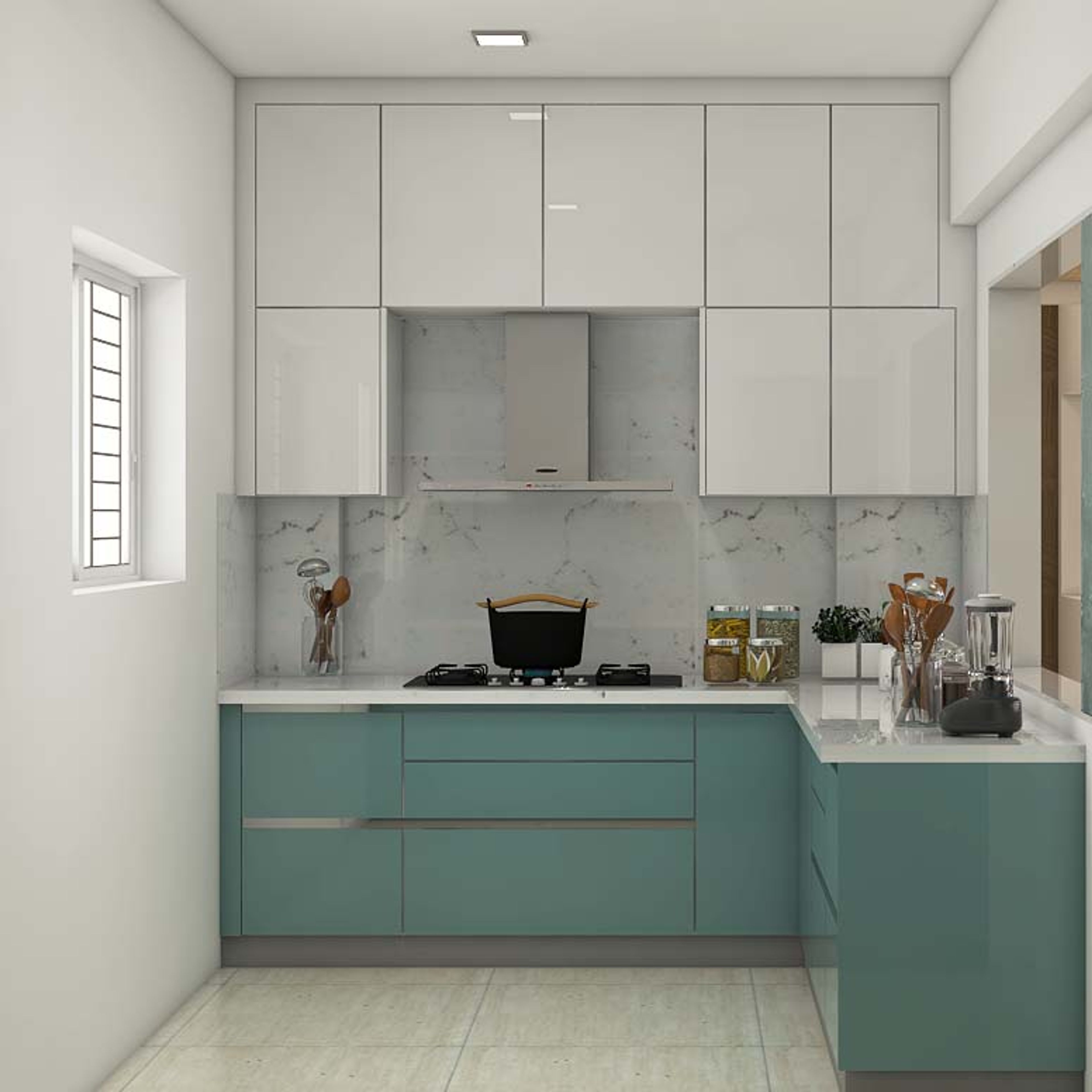 White And Blue Kitchen Design - Livspace