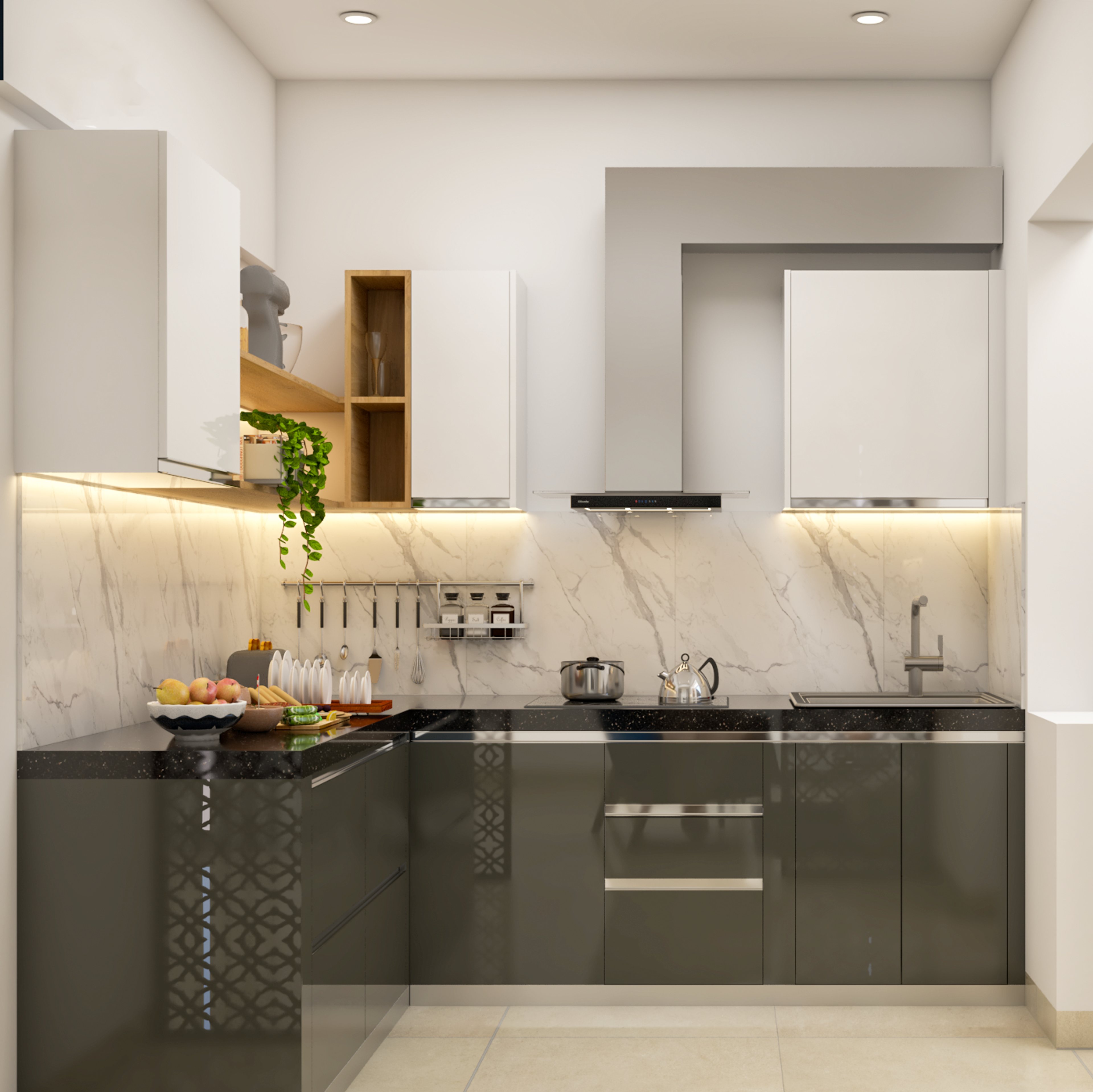 Modern L-Shaped Modular Kitchen Design With Grey And White Cabinets