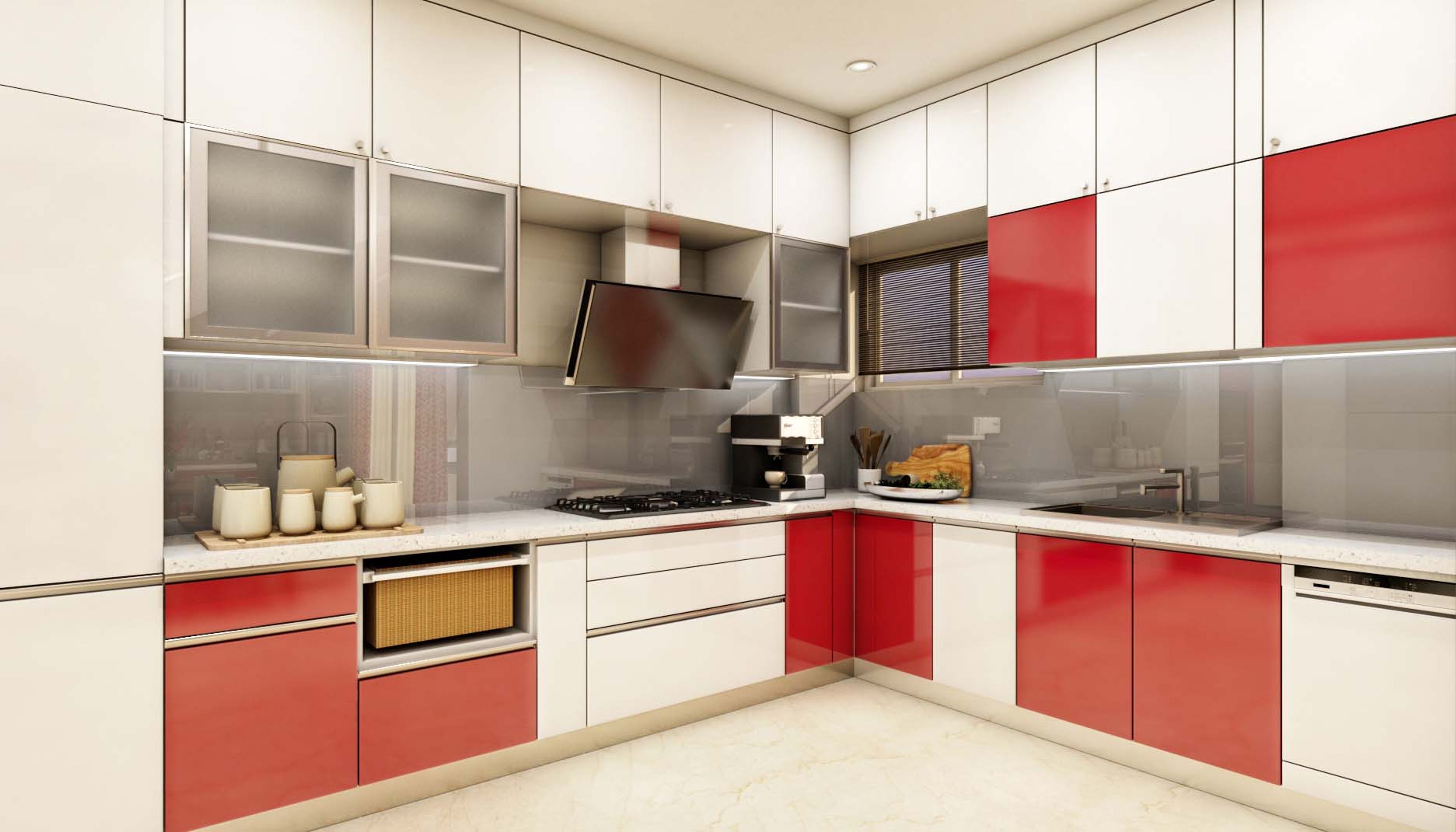 Red And White Modern Modular L-Shaped Kitchen Design