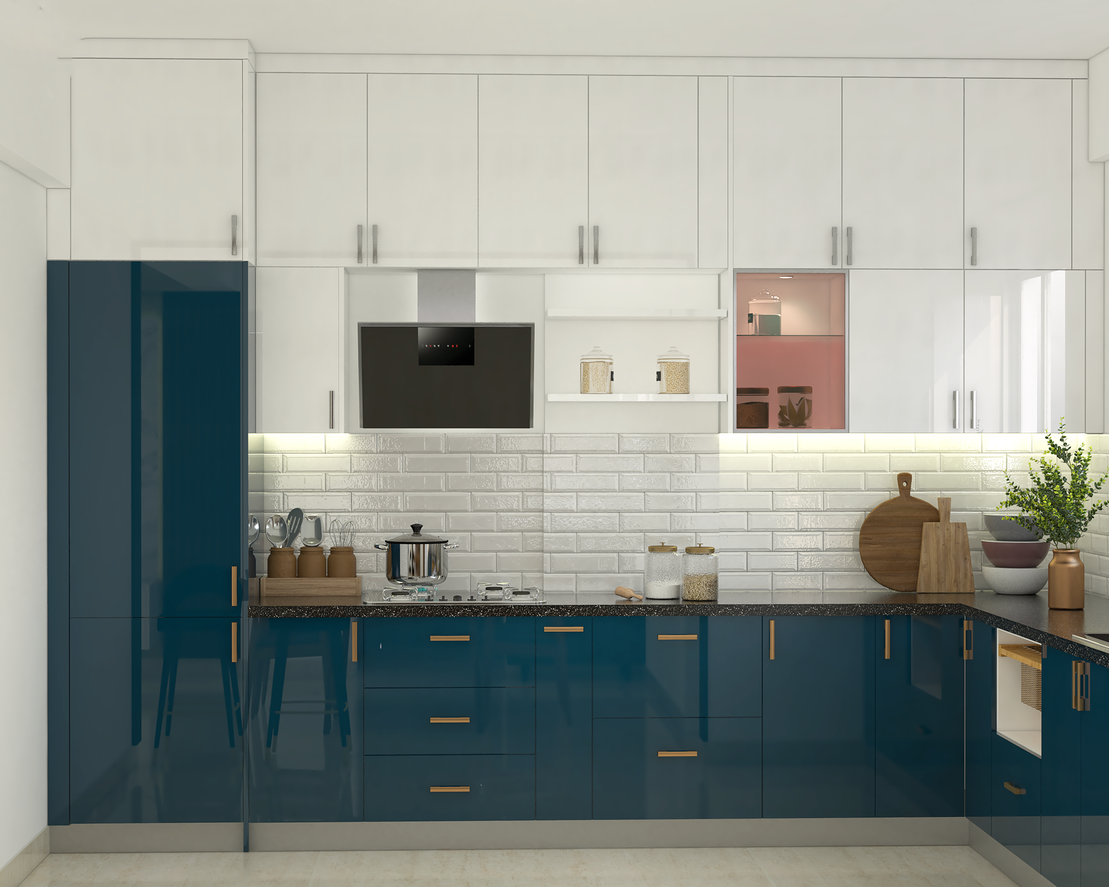 Spacious Blue And White Themed Modular Kitchen Design