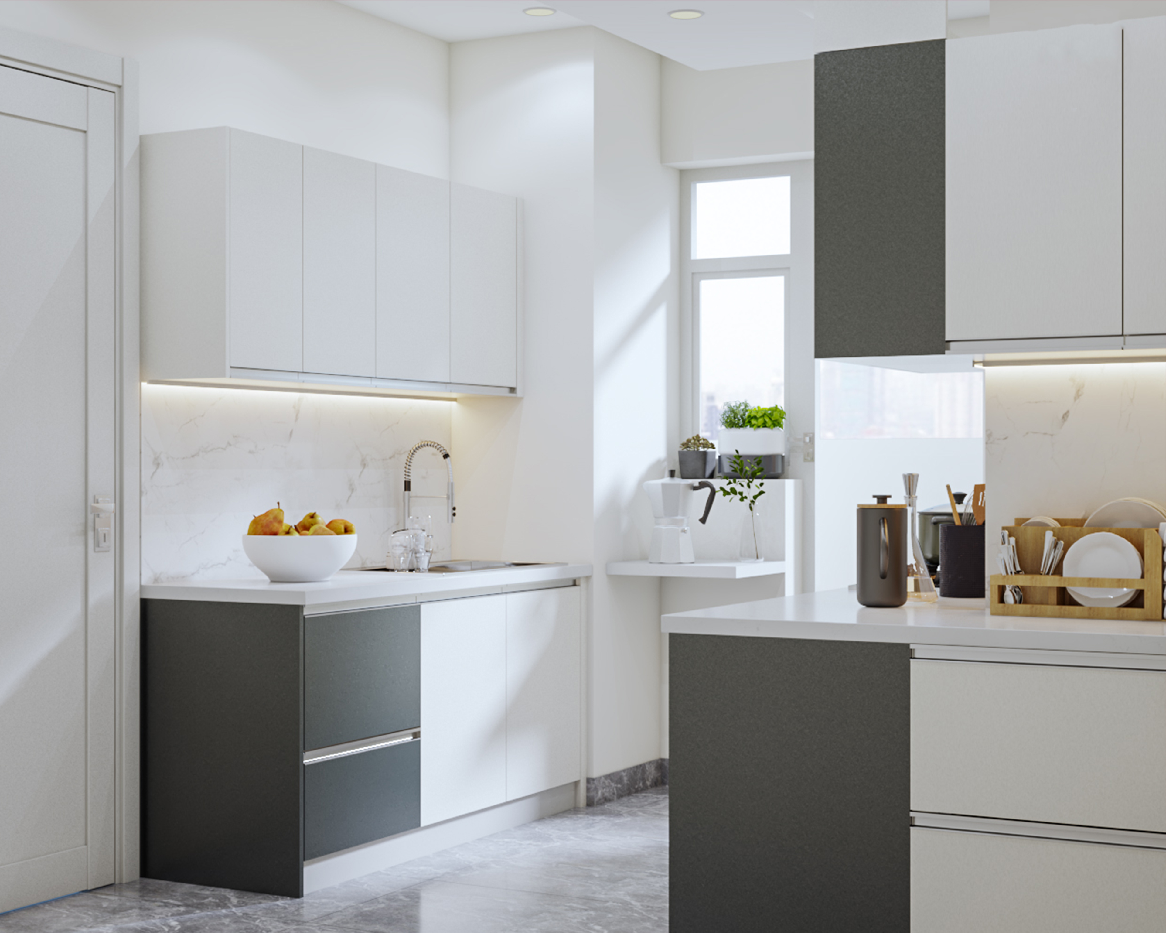 Modern Style Spacious Modular Kitchen Design In Grey And White