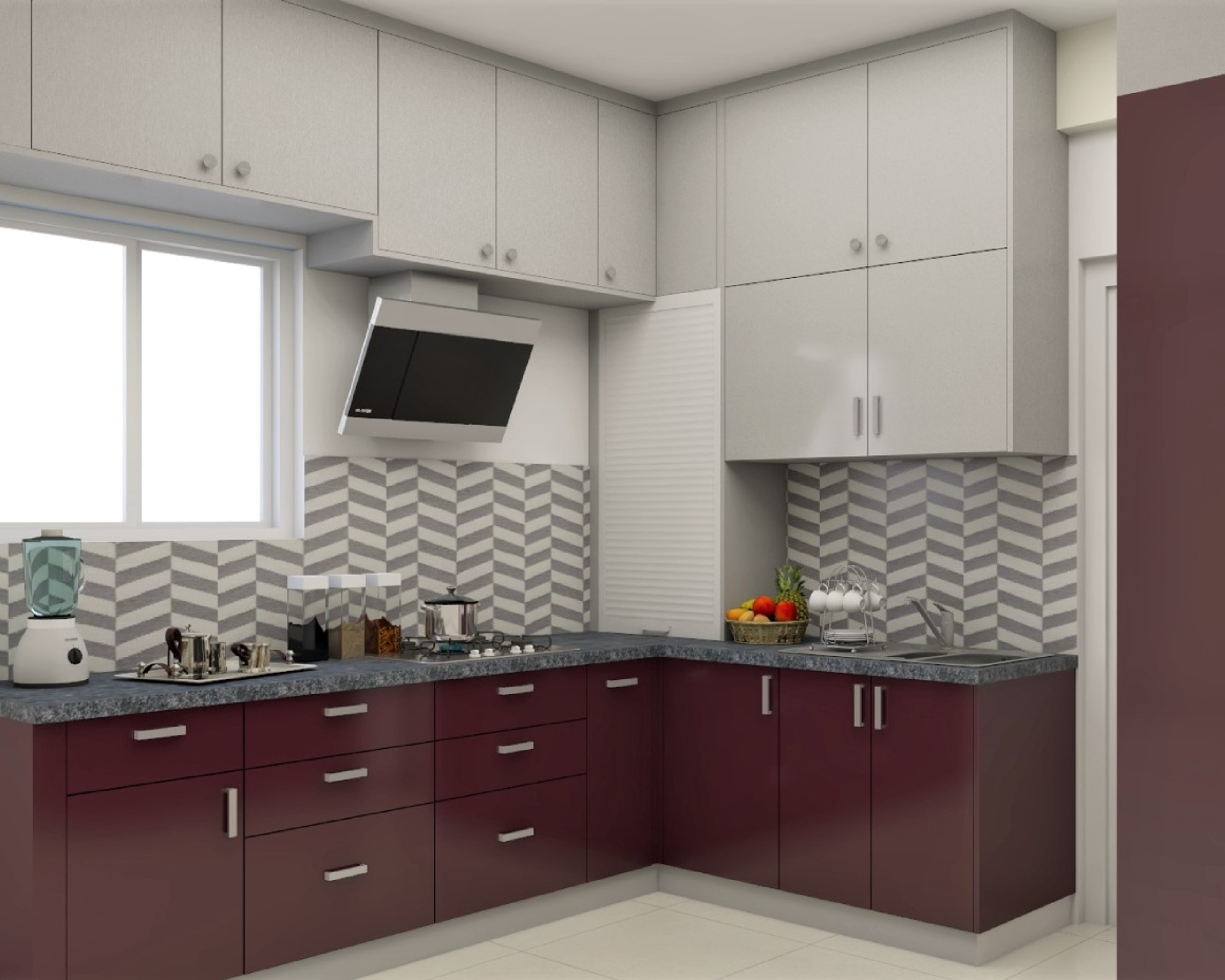 Spacious L-Shaped Modular Kitchen Design With Dark Maroon And White