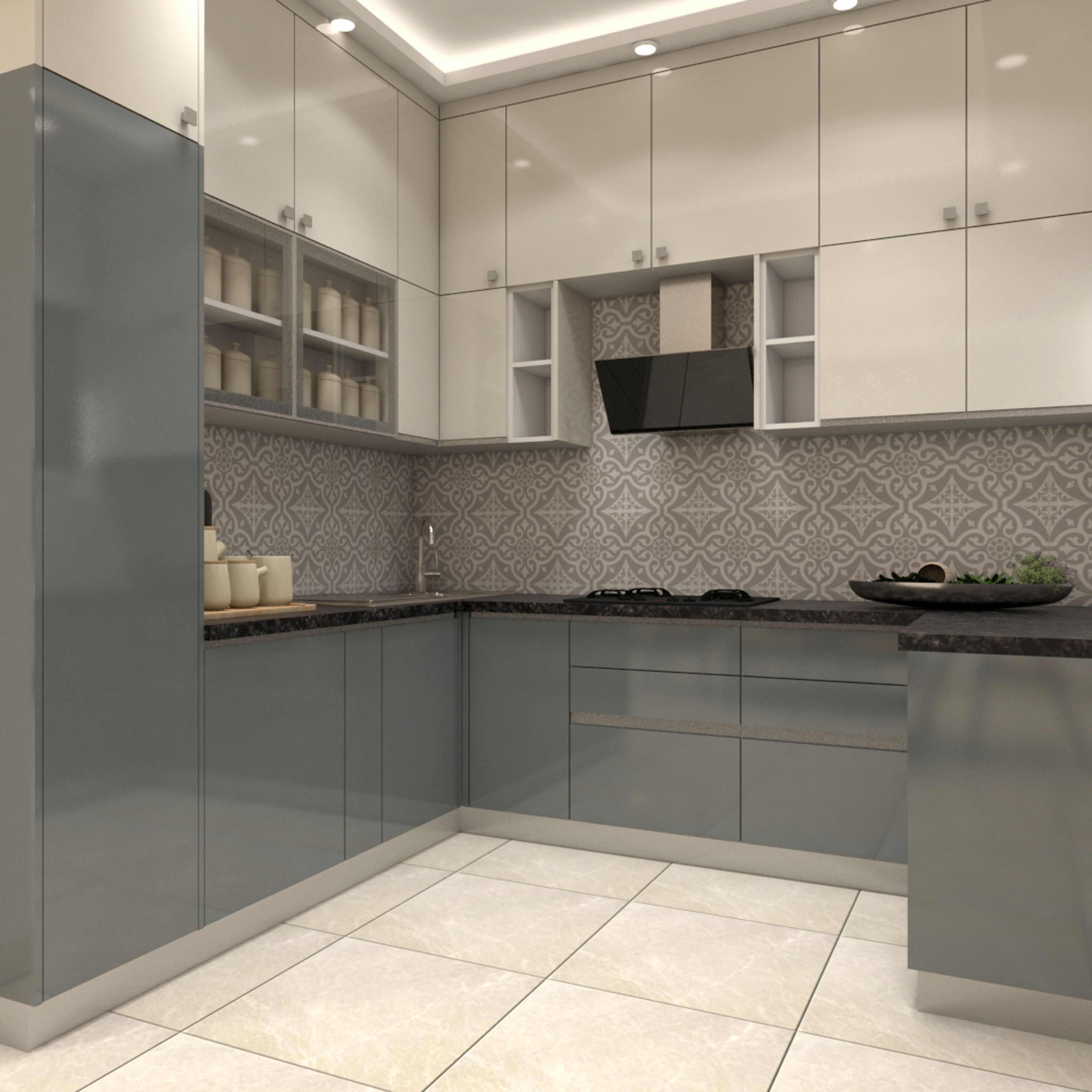 Modern U-Shaped Kitchen Interior Design With Black Countertop And Blue Glossy Cabinets