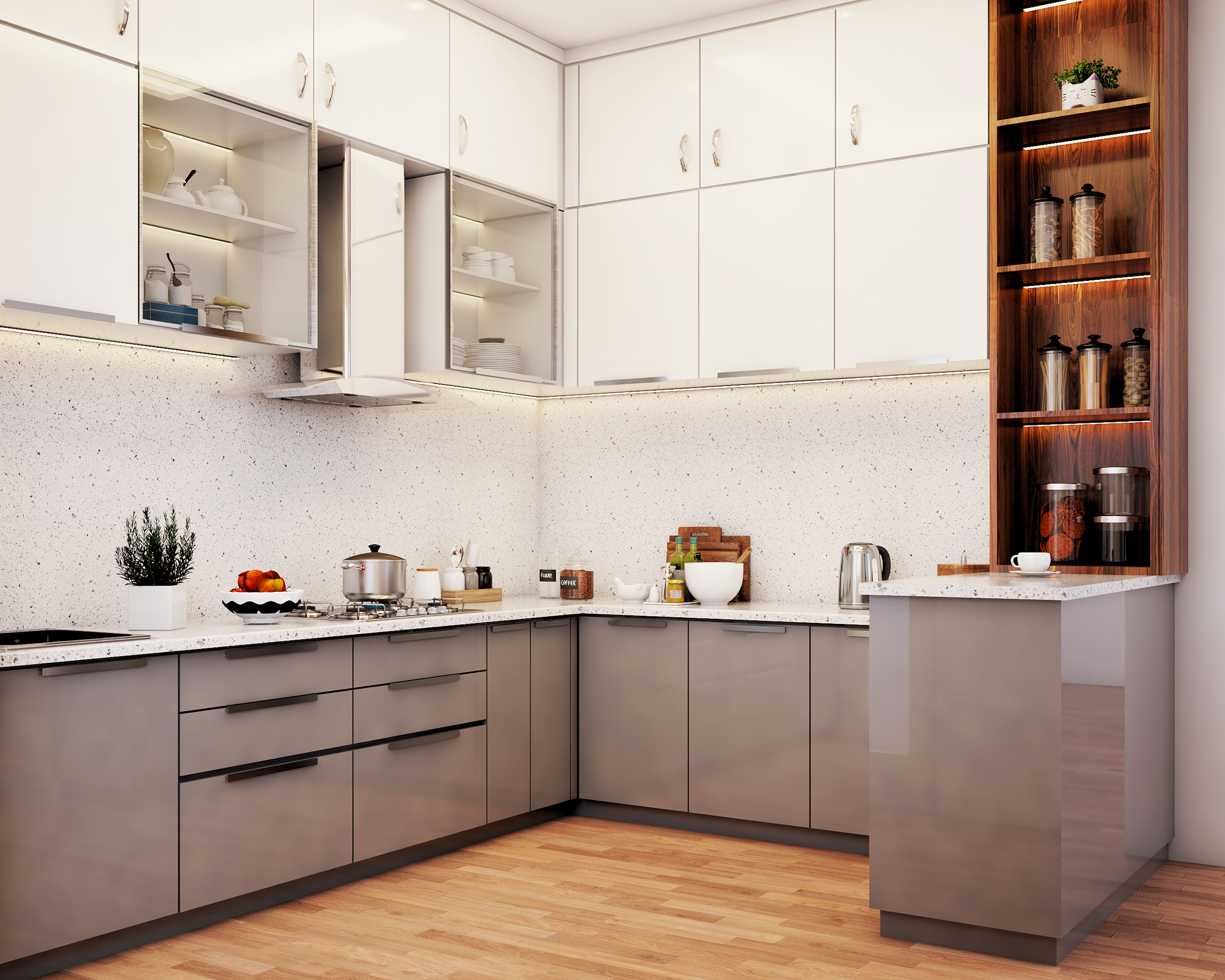 Contemporary Grey And White Modular Kitchen Design