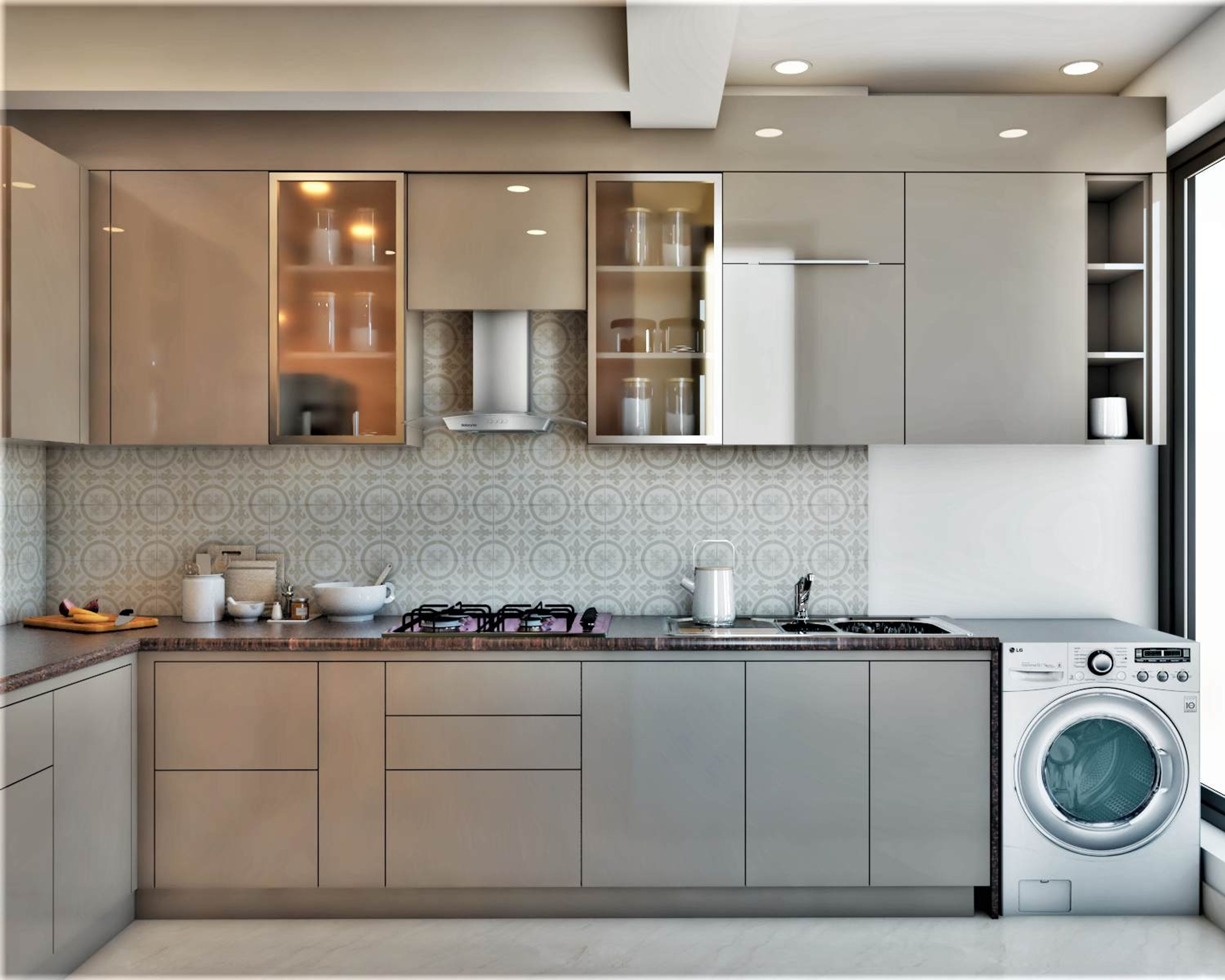 Modern L-Shaped Modular Kitchen Design With Beige And White Patterned Dado