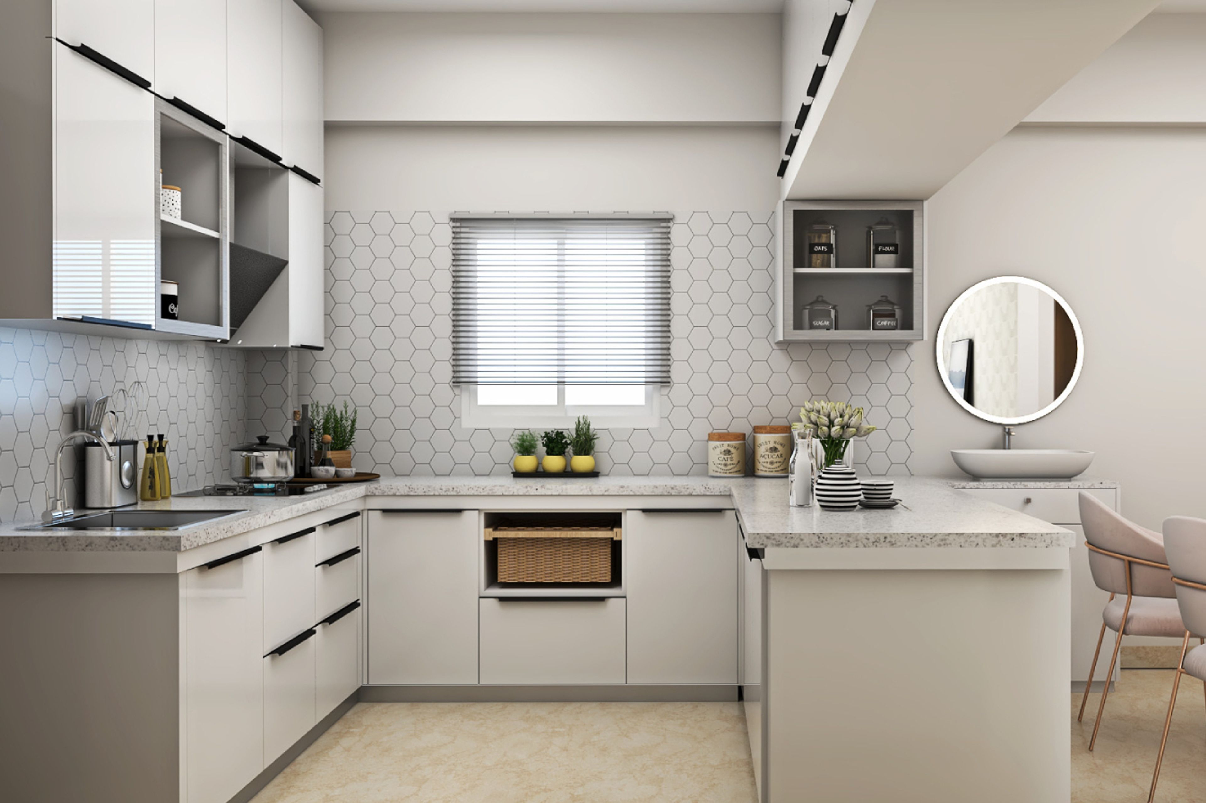 Compact U-Shaped Glossy White Modular Kitchen Design