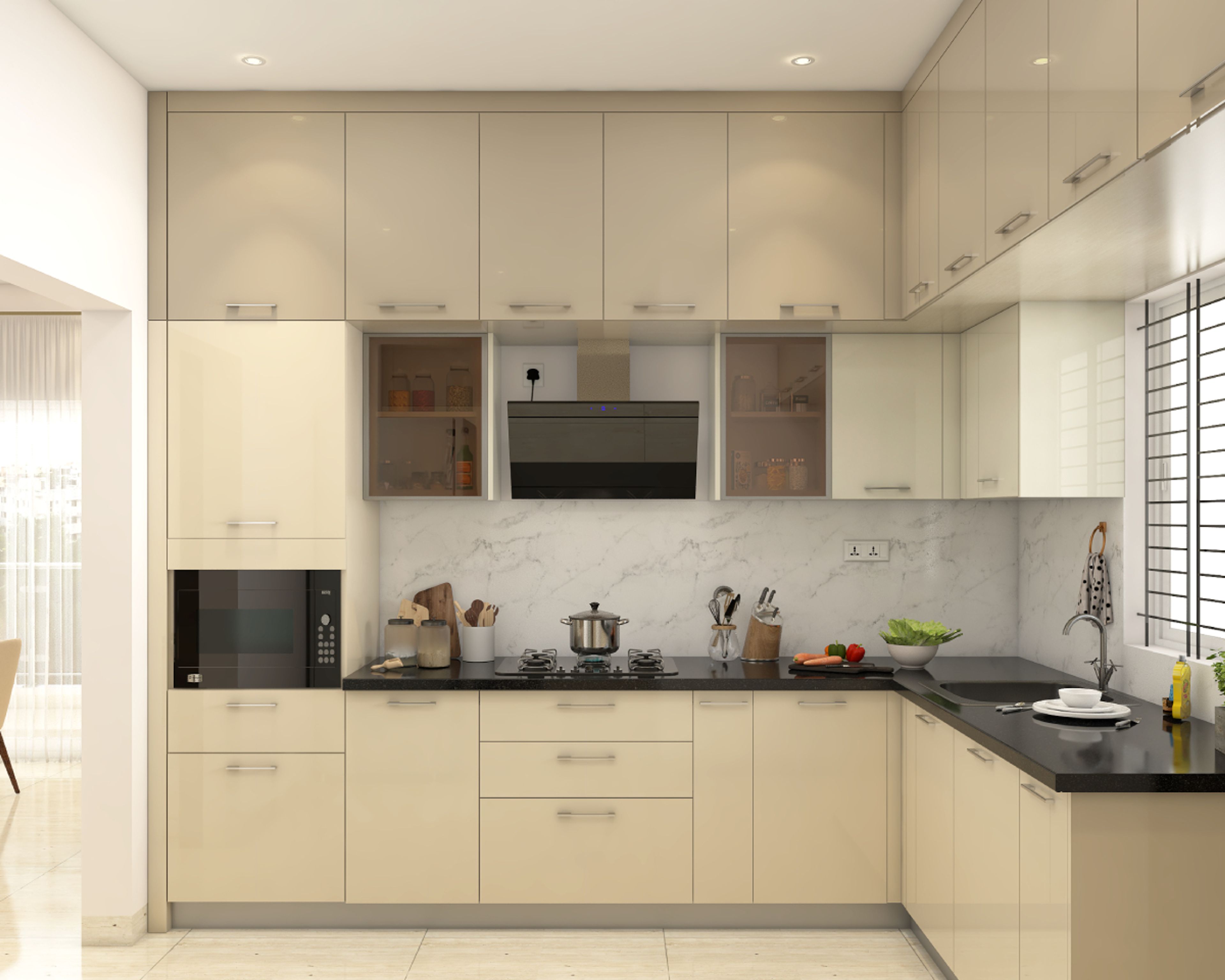 L-Shaped Modern Kitchen Design With Chrome Handles