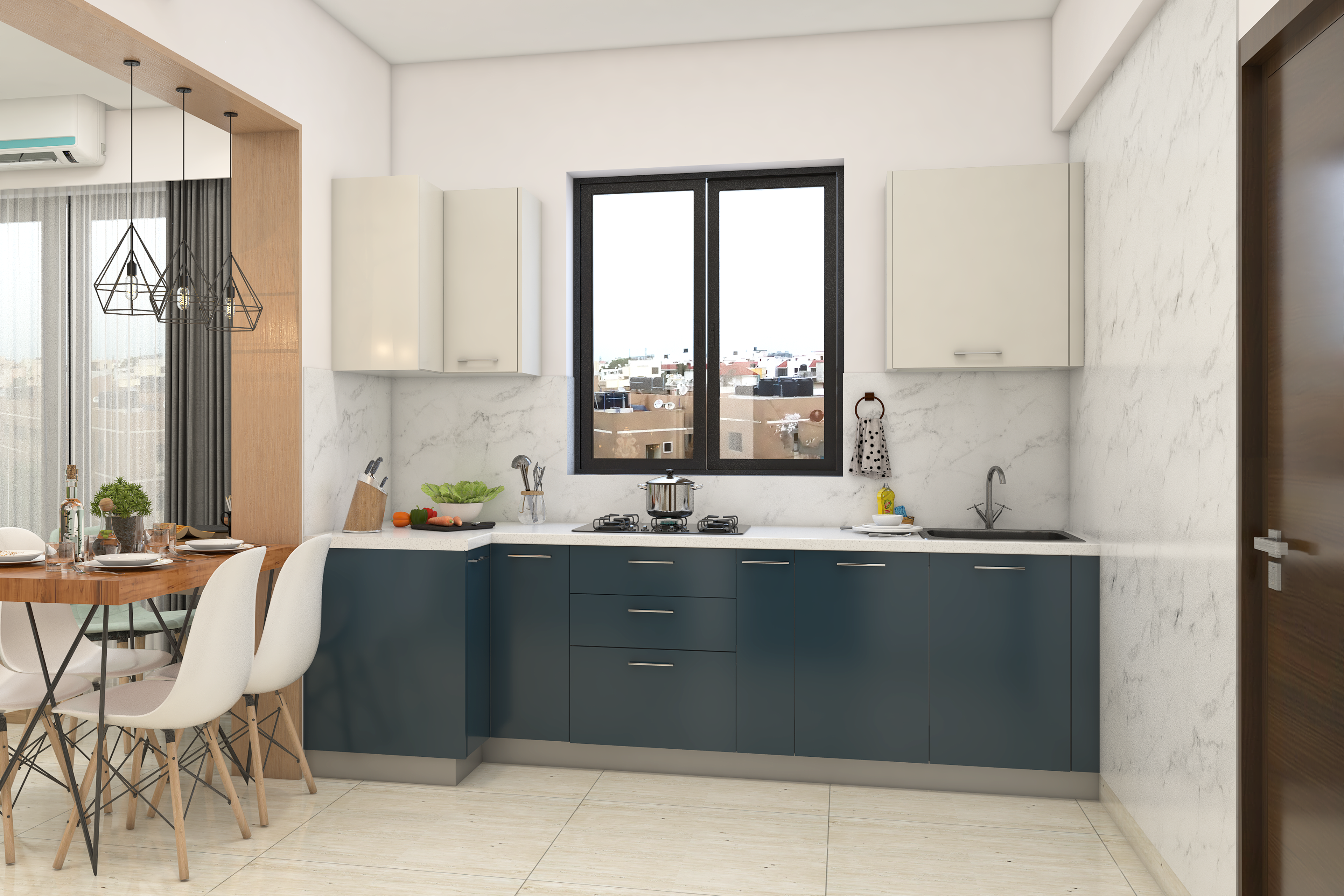 Modern Modular Open Kitchen Design In Blue And Cream