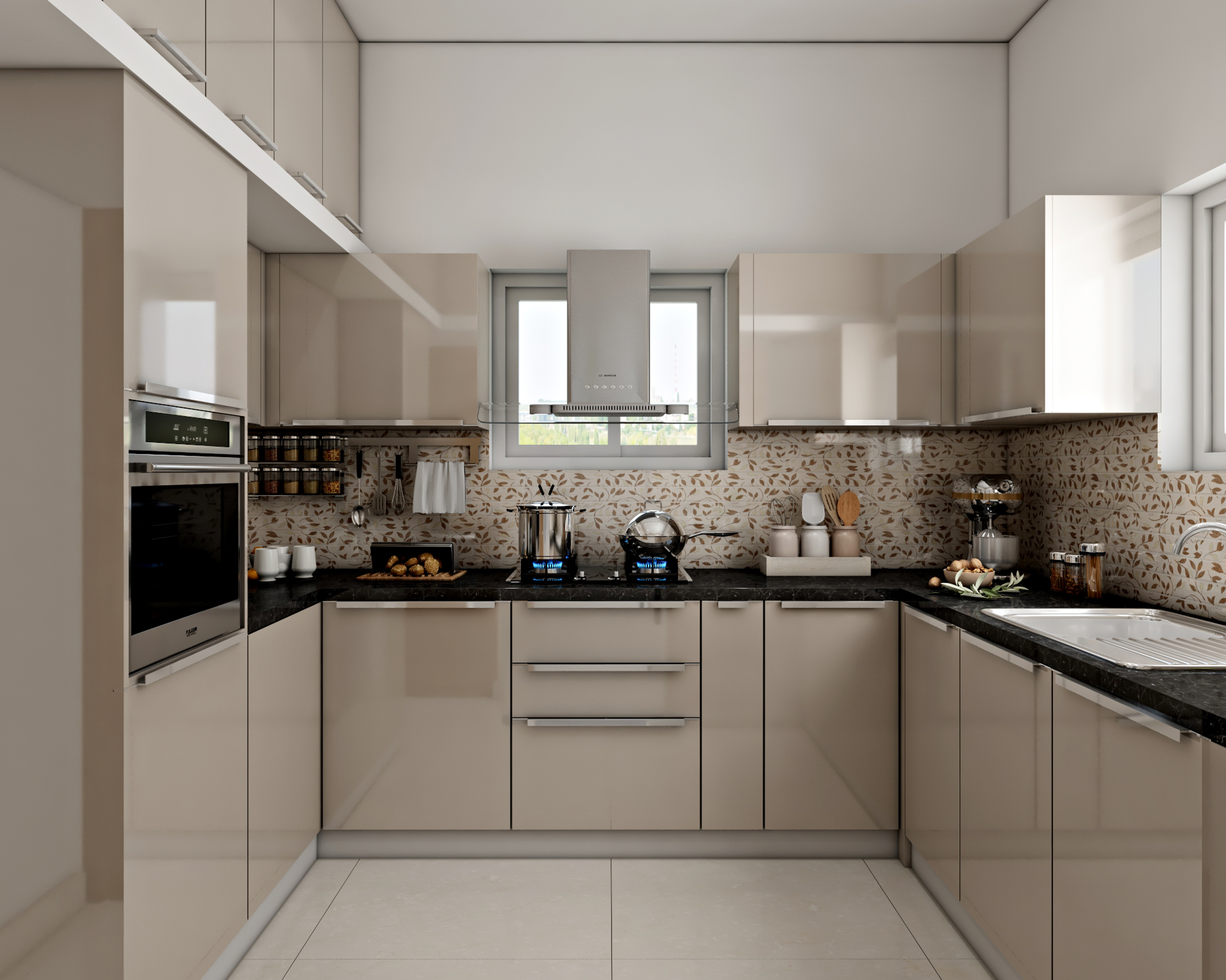 Modern U-Shaped Beige And Black Modular Kitchen Design