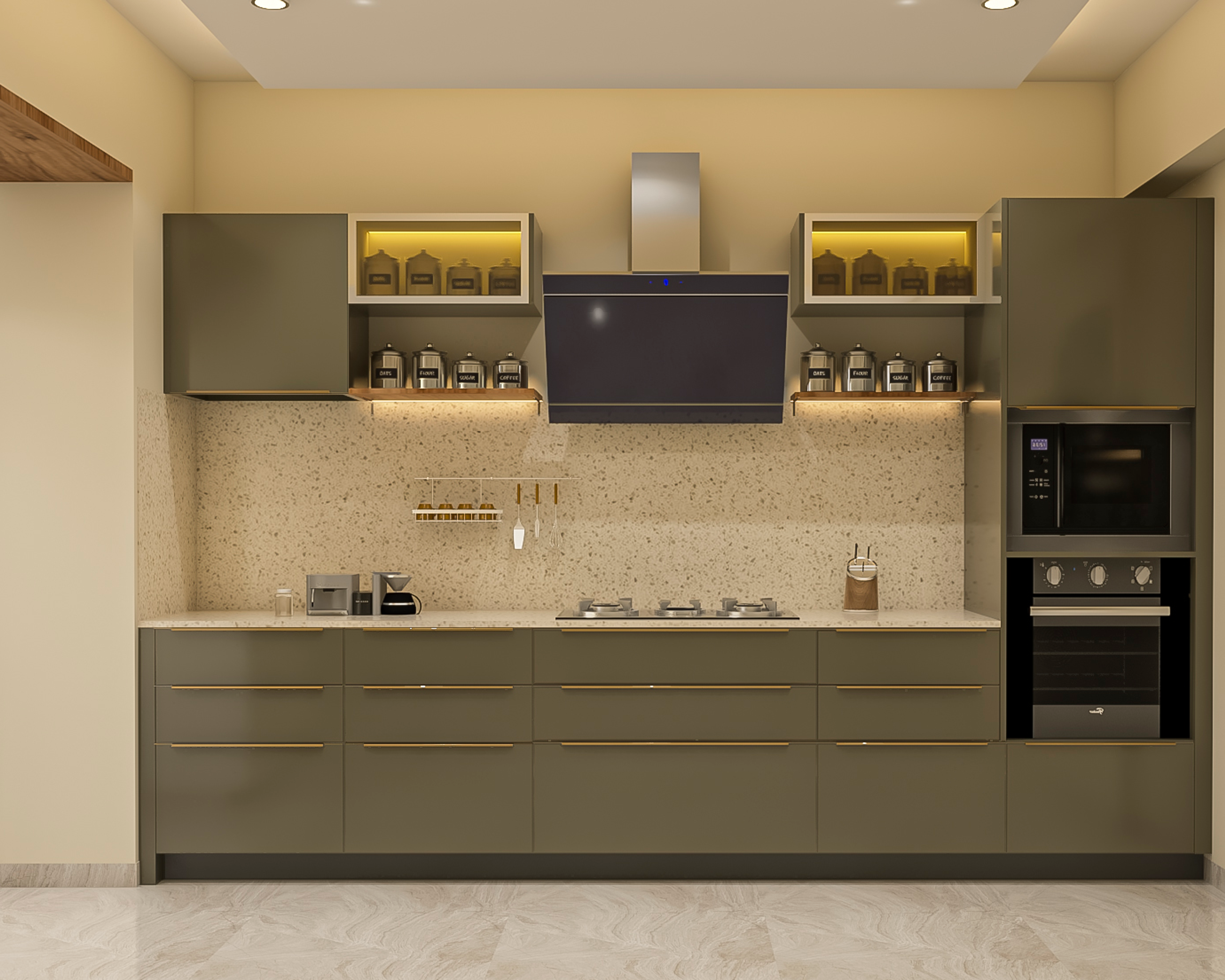 Contemporary Olive Green Modular Kitchen Design With Mosaic Countertop