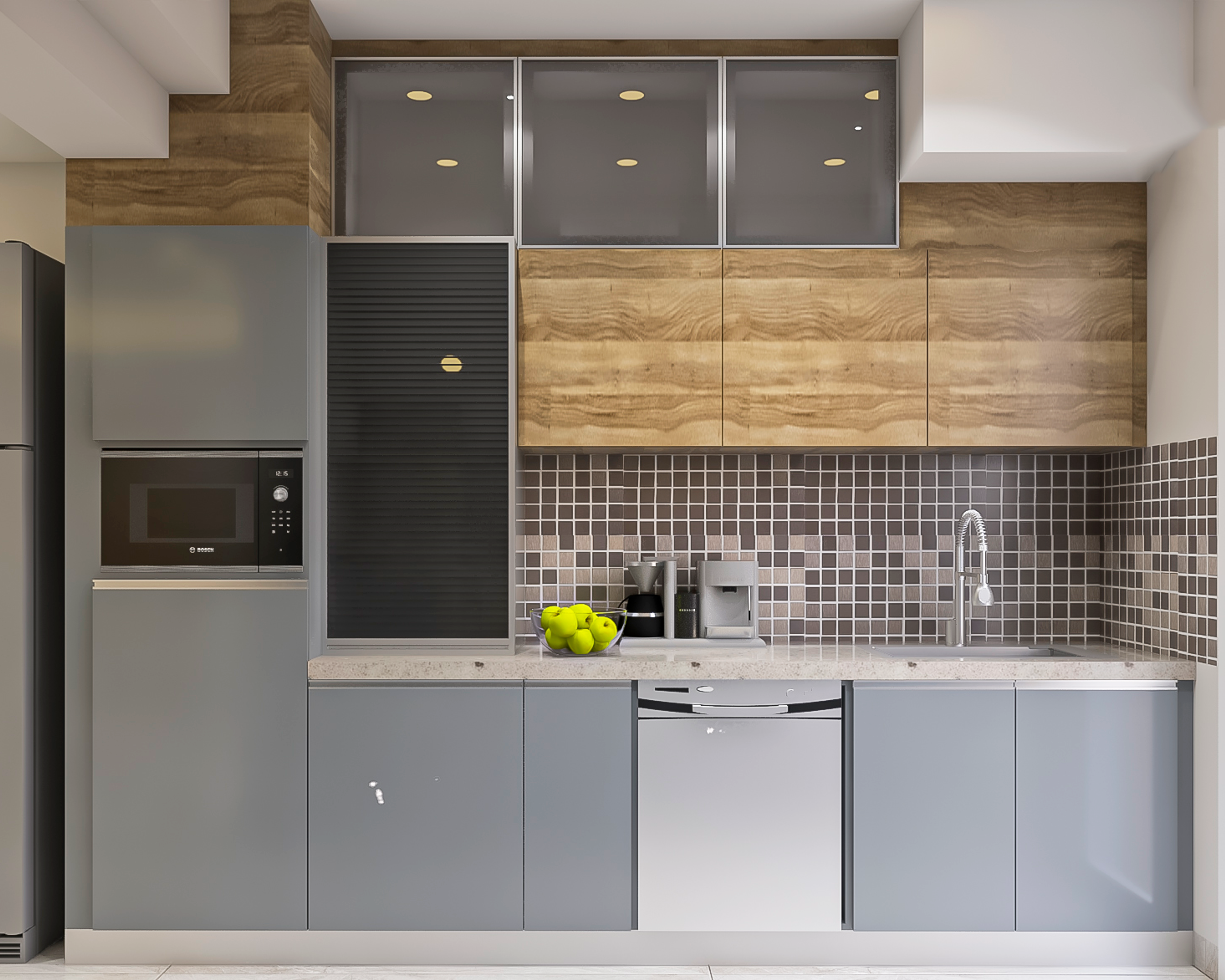 Contemporary Modular Kitchen Design In Dark Grey And Wood