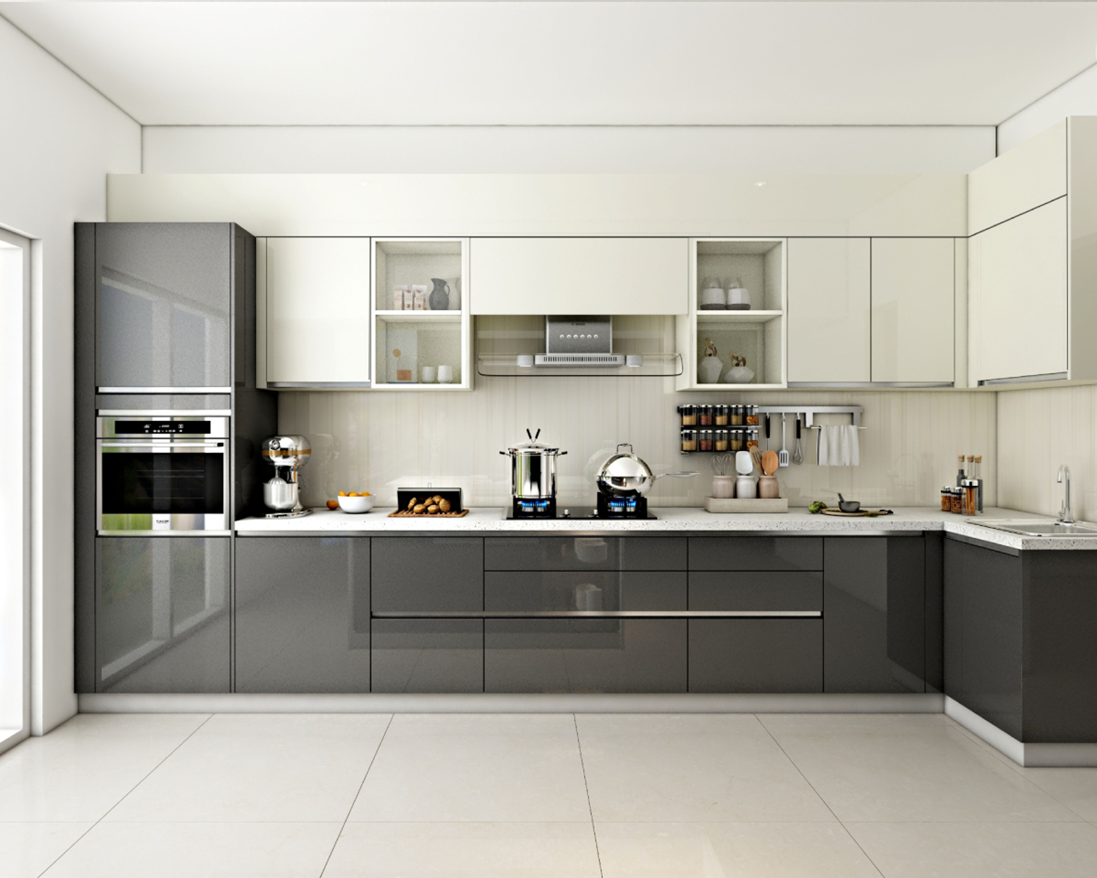 Modern L-Shaped Kitchen Design With Grey And White Laminates