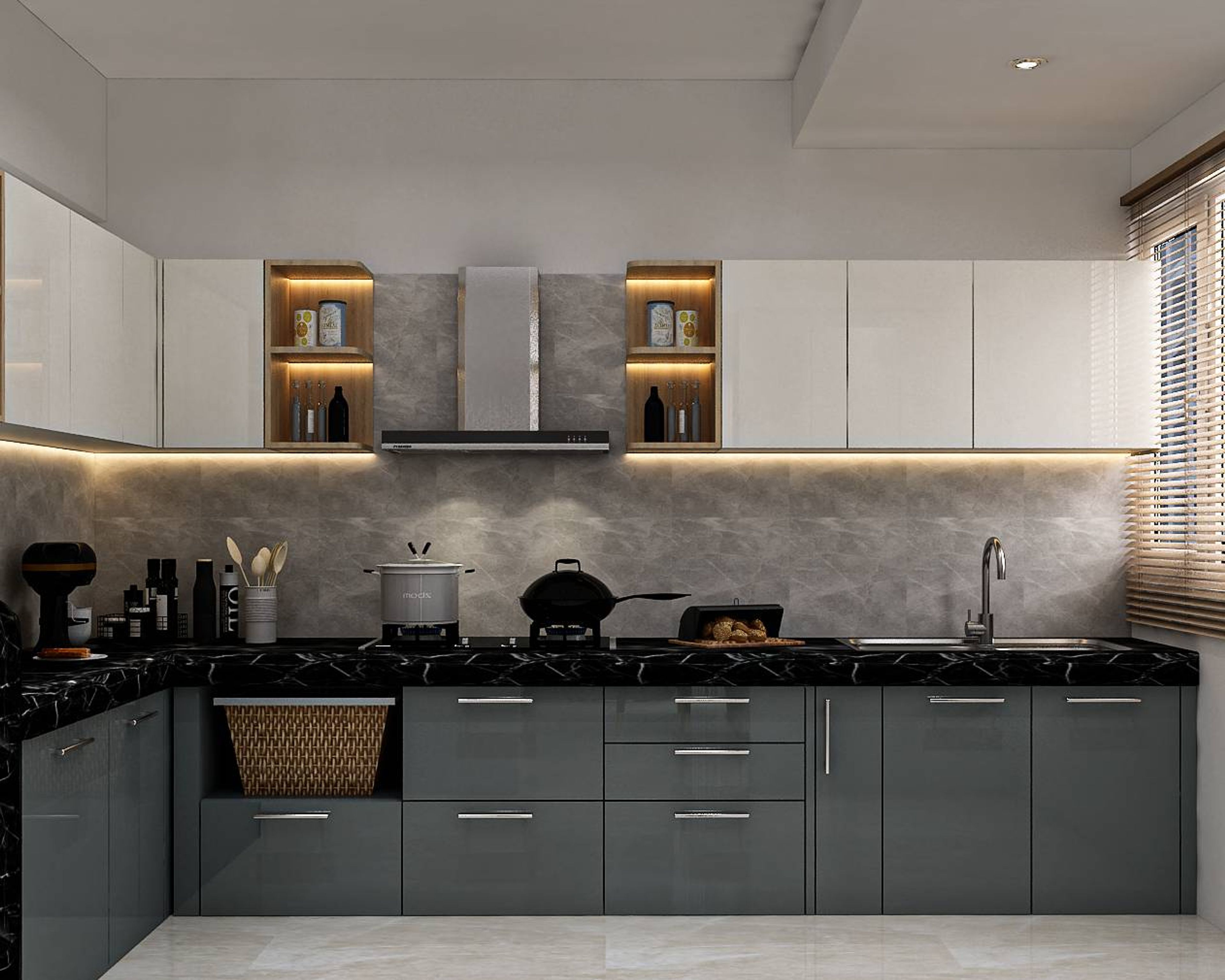 Modern Dark L-Shaped Kitchen Design With Strip Lights