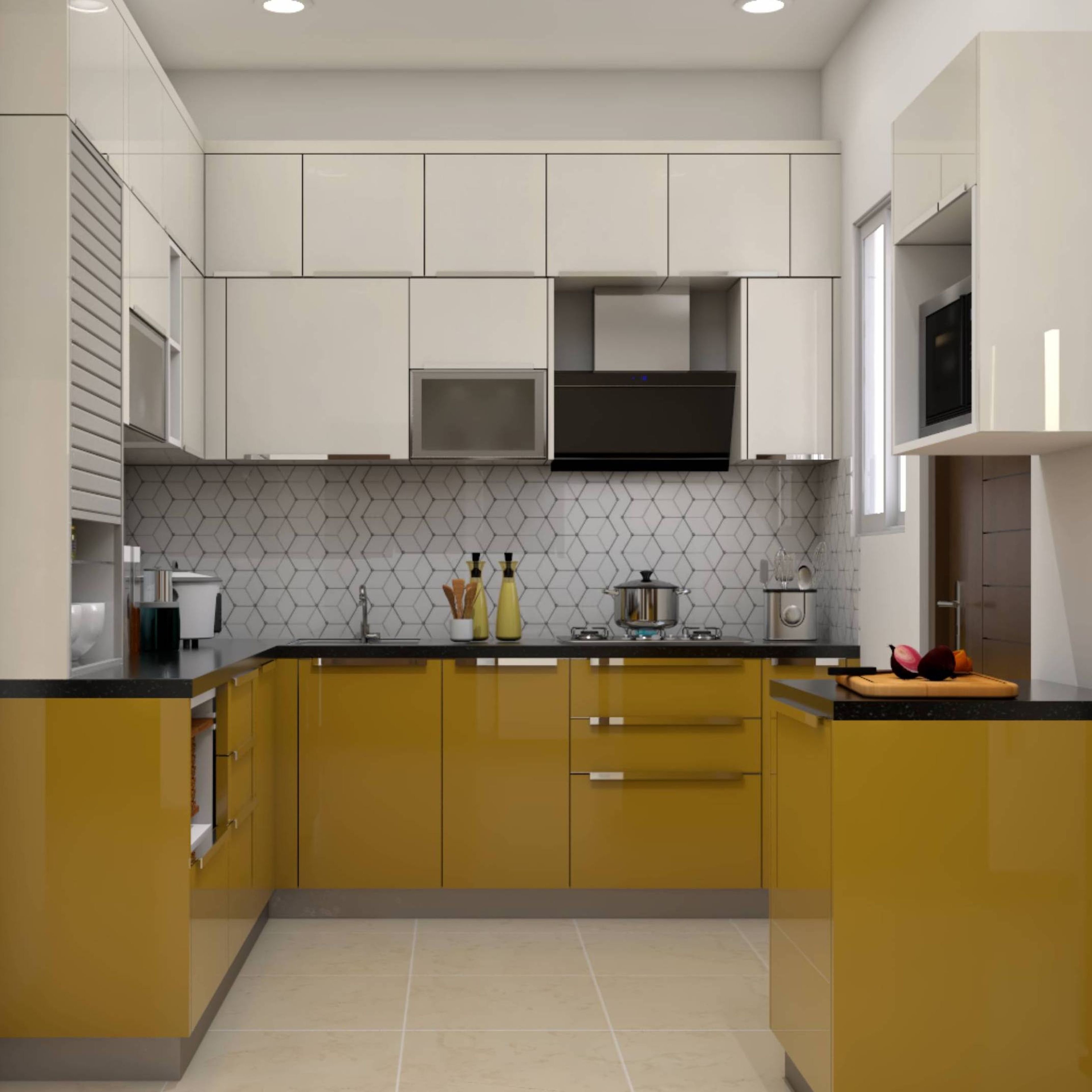 Modern U-Shaped Kitchen Design With Dado Tiles