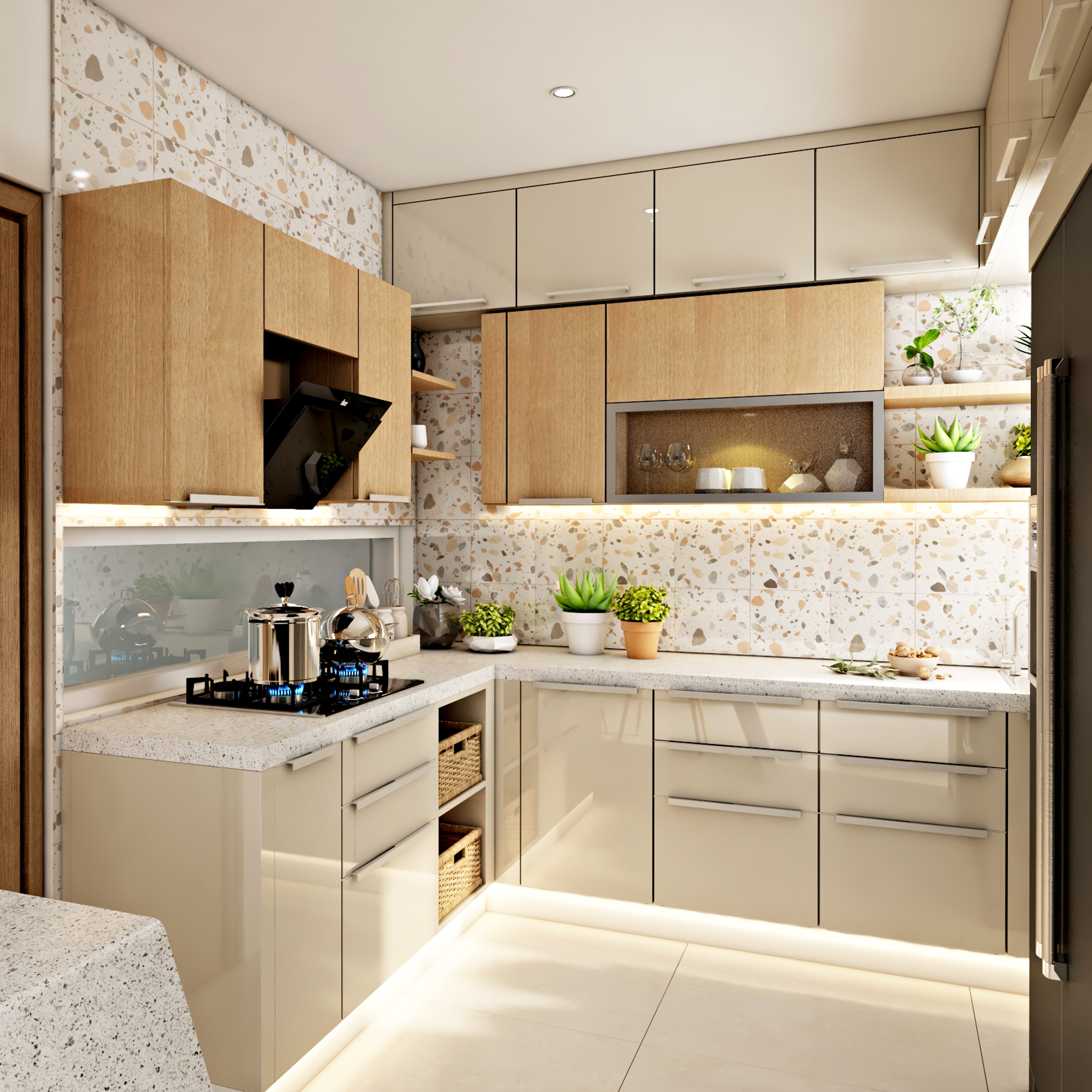 Contemporary L-Shaped Kitchen Design With Under-Cabinet Lighting