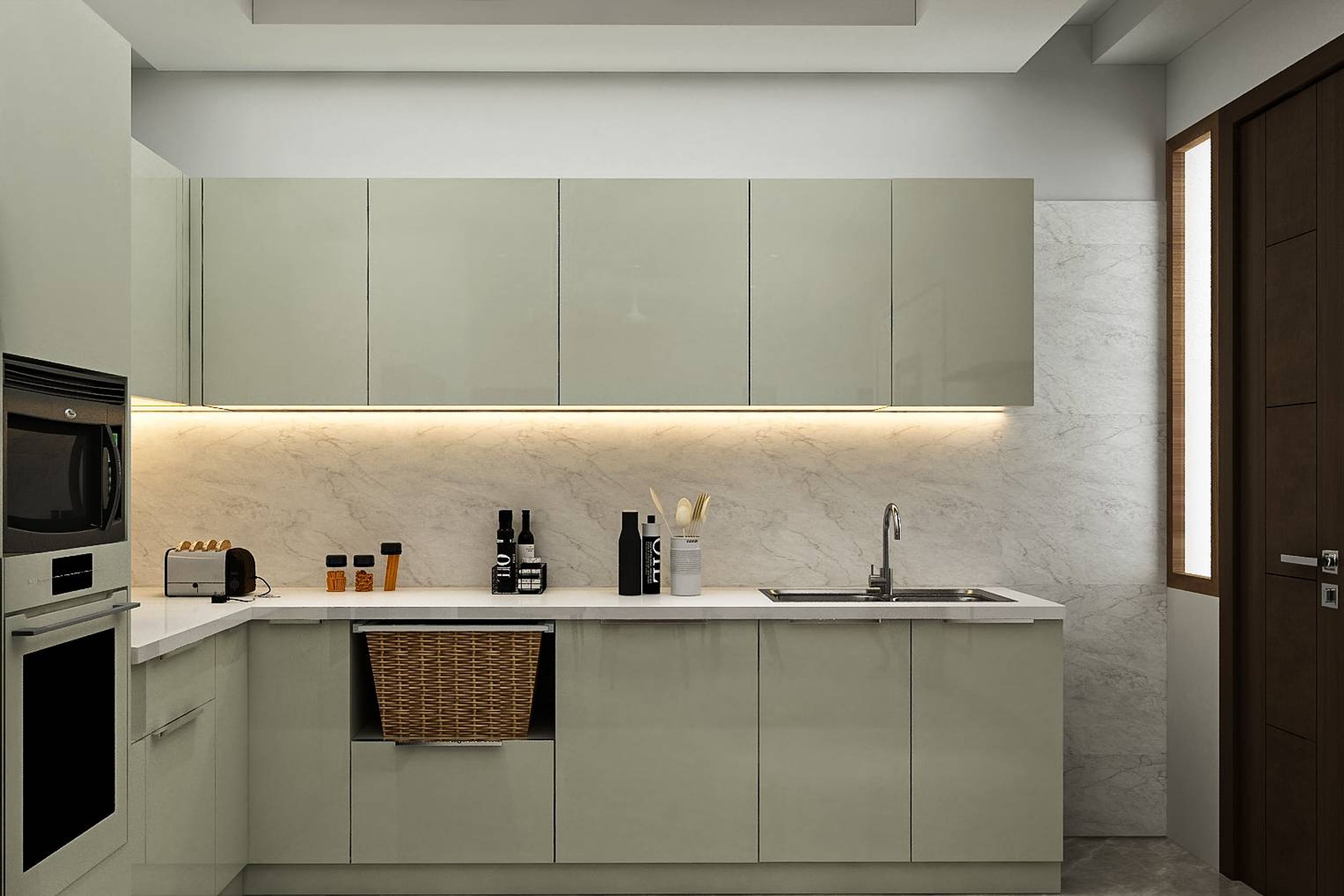 Contemporary L-Shaped Modular White Kitchen Design With Wooden Breakfast Counter
