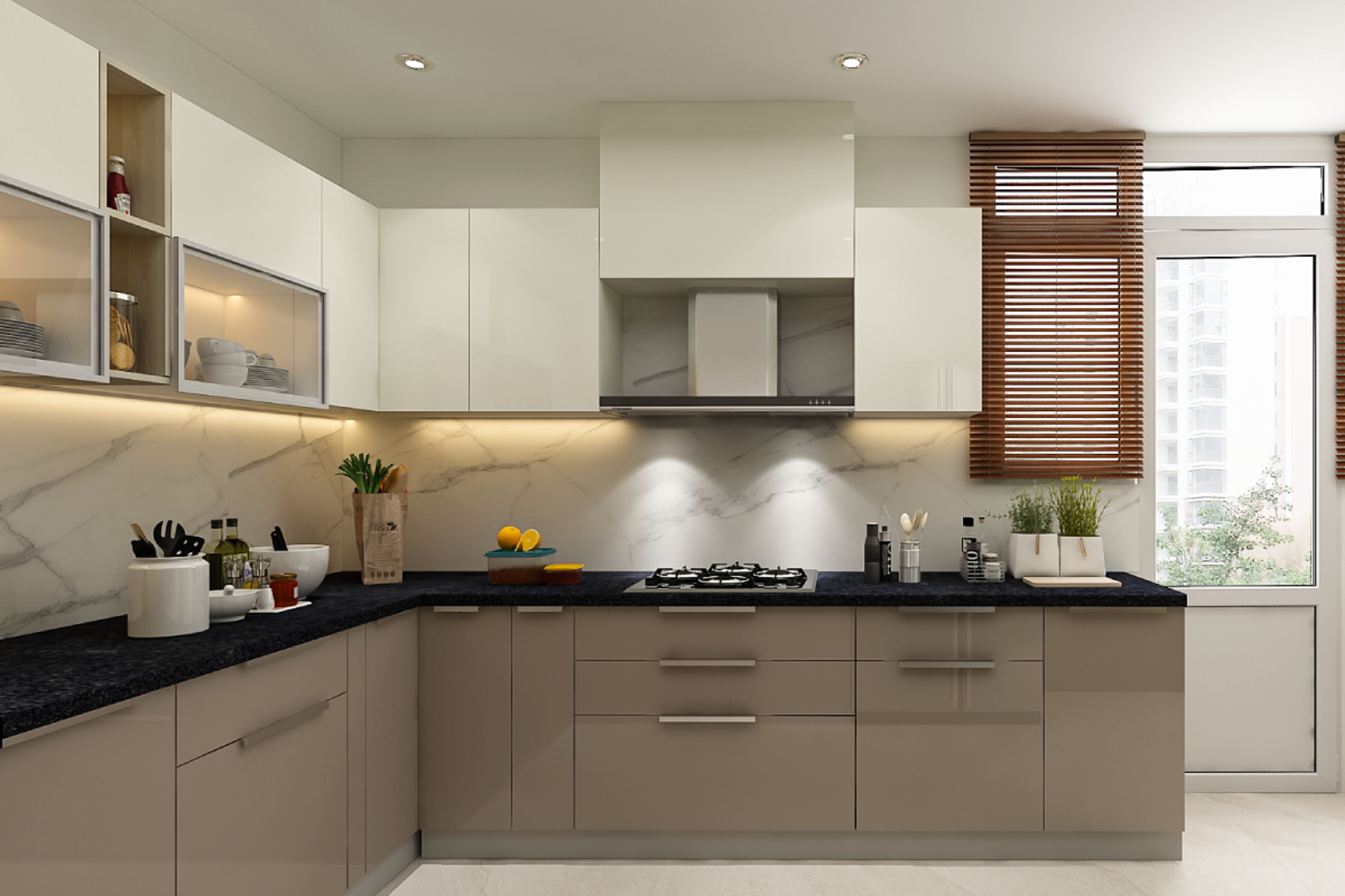 Modern Beige L-Shaped Kitchen Design With Profiled Glass