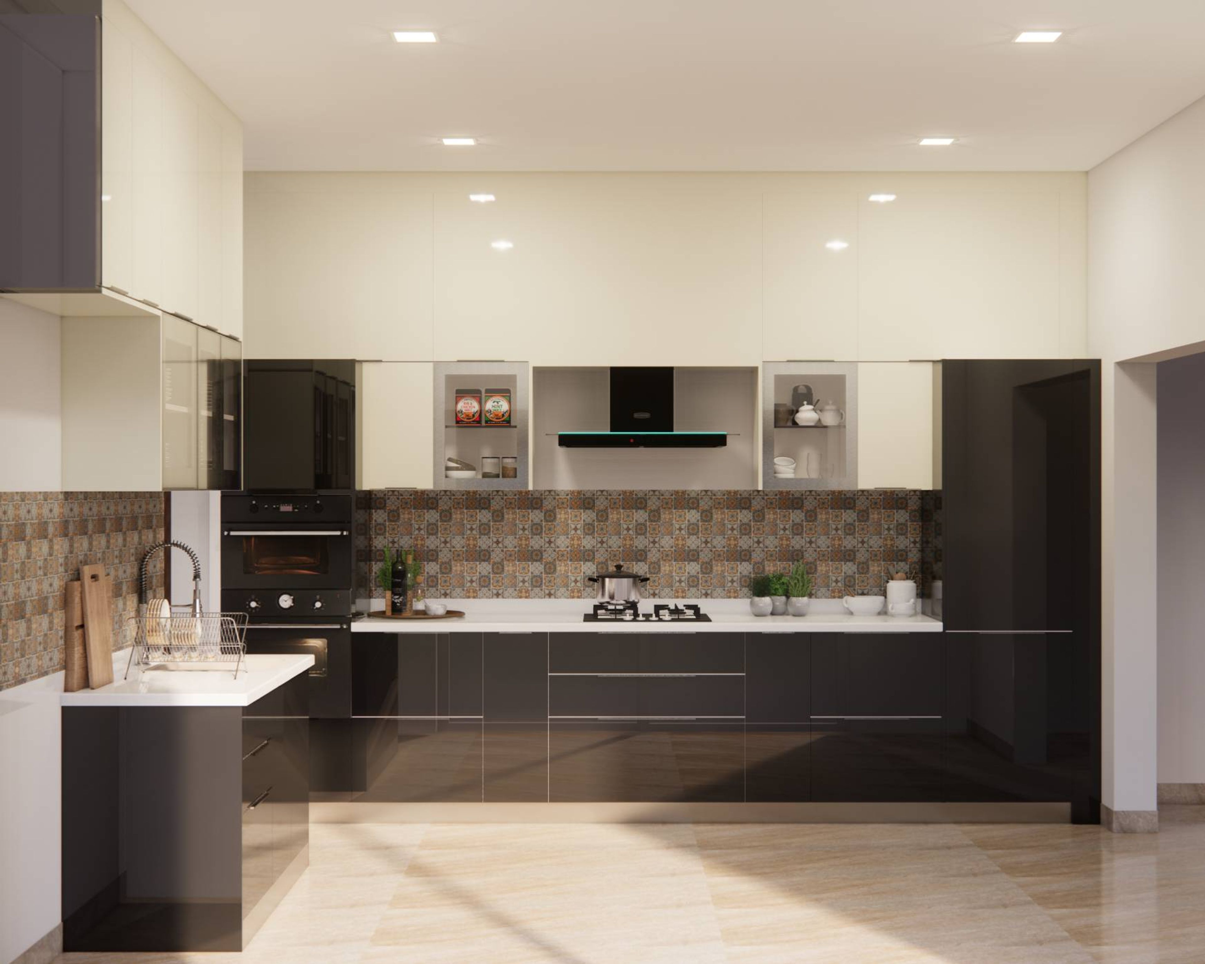 Monochromatic Modern Modular Kitchen Design With Brown Dado Tiles