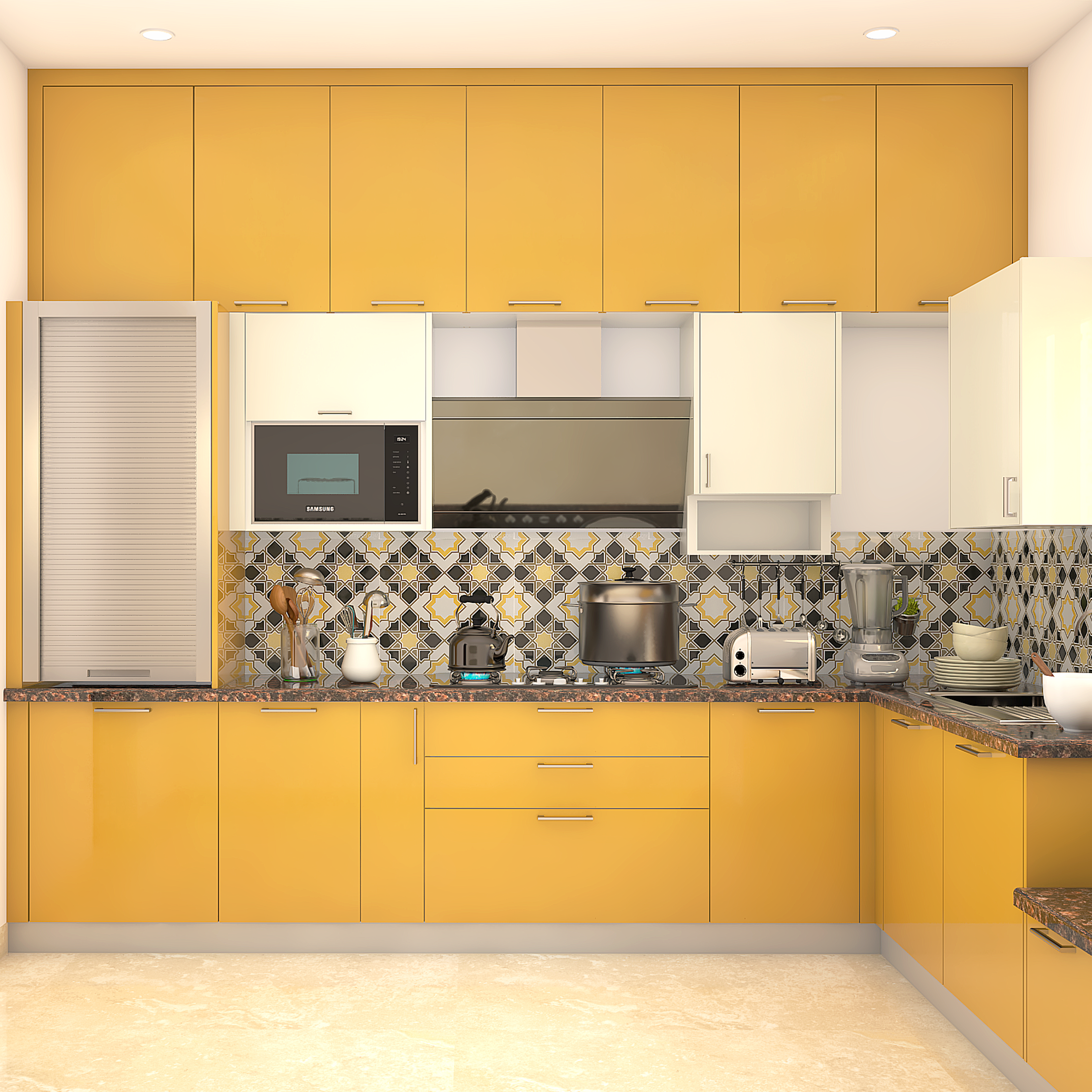 Modern L-Shaped Yellow Kitchen Design