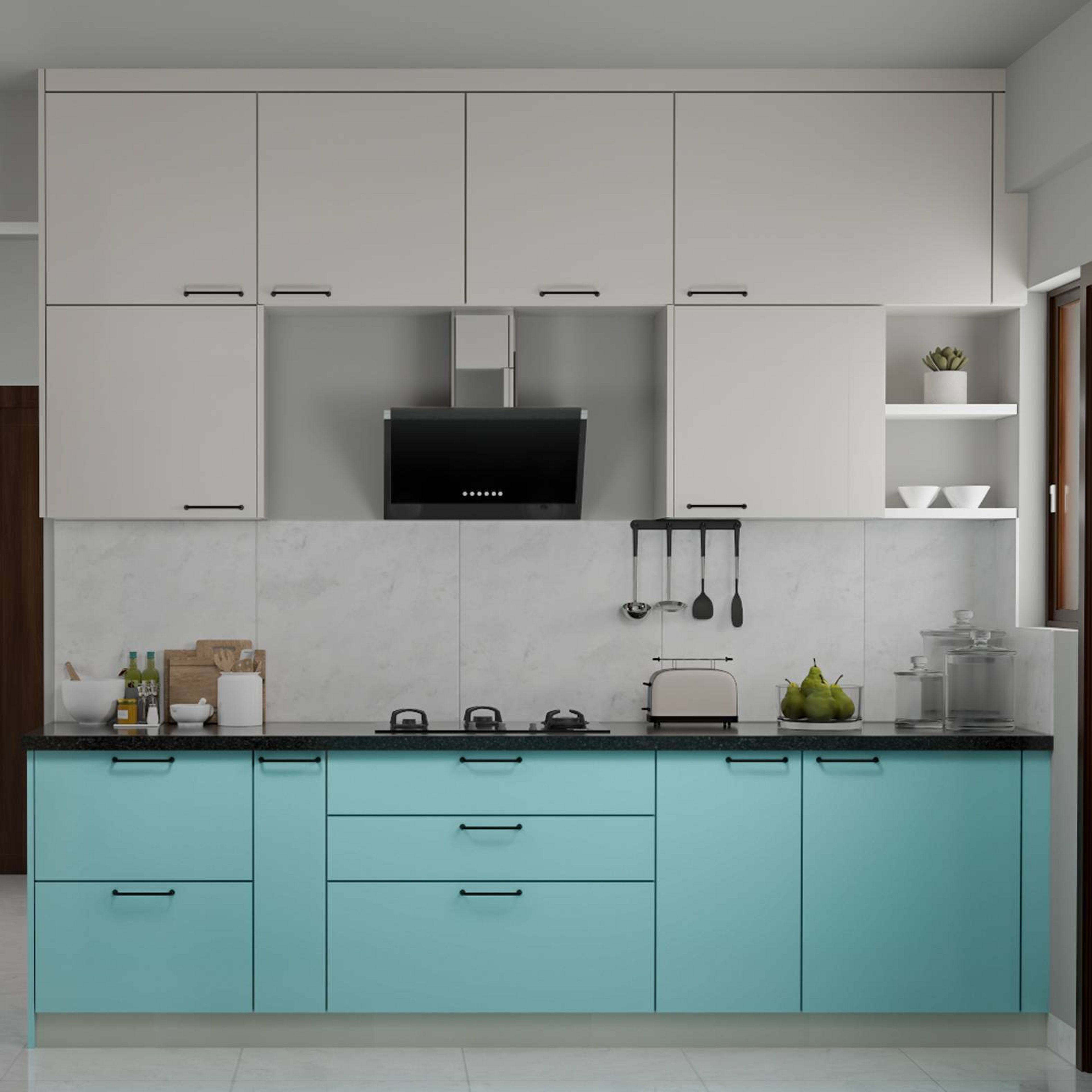 Compact Parallel Kitchen Design In Blue And White