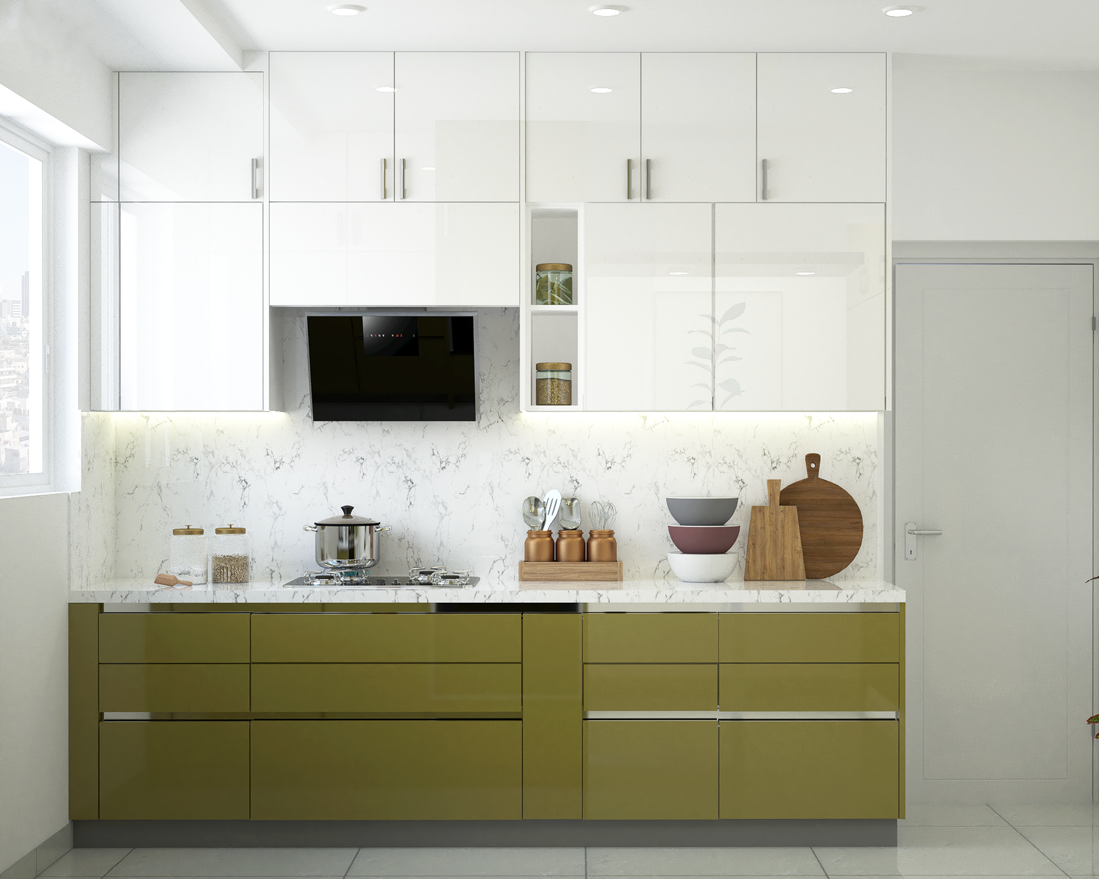 Contemporary Green And White Modular Kitchen Design
