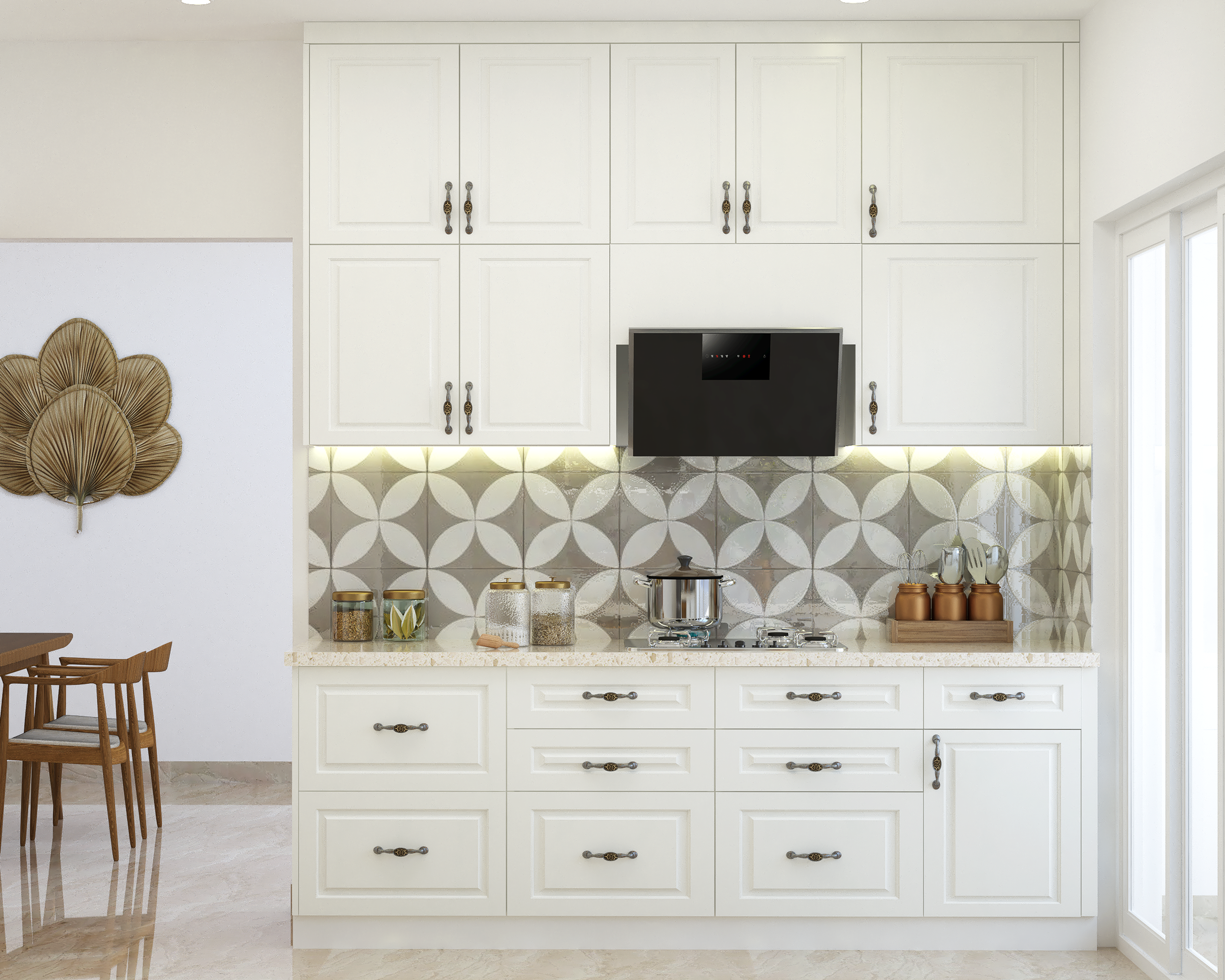 Contemporary White Modular Kitchen Design With Grey Dado Tiles
