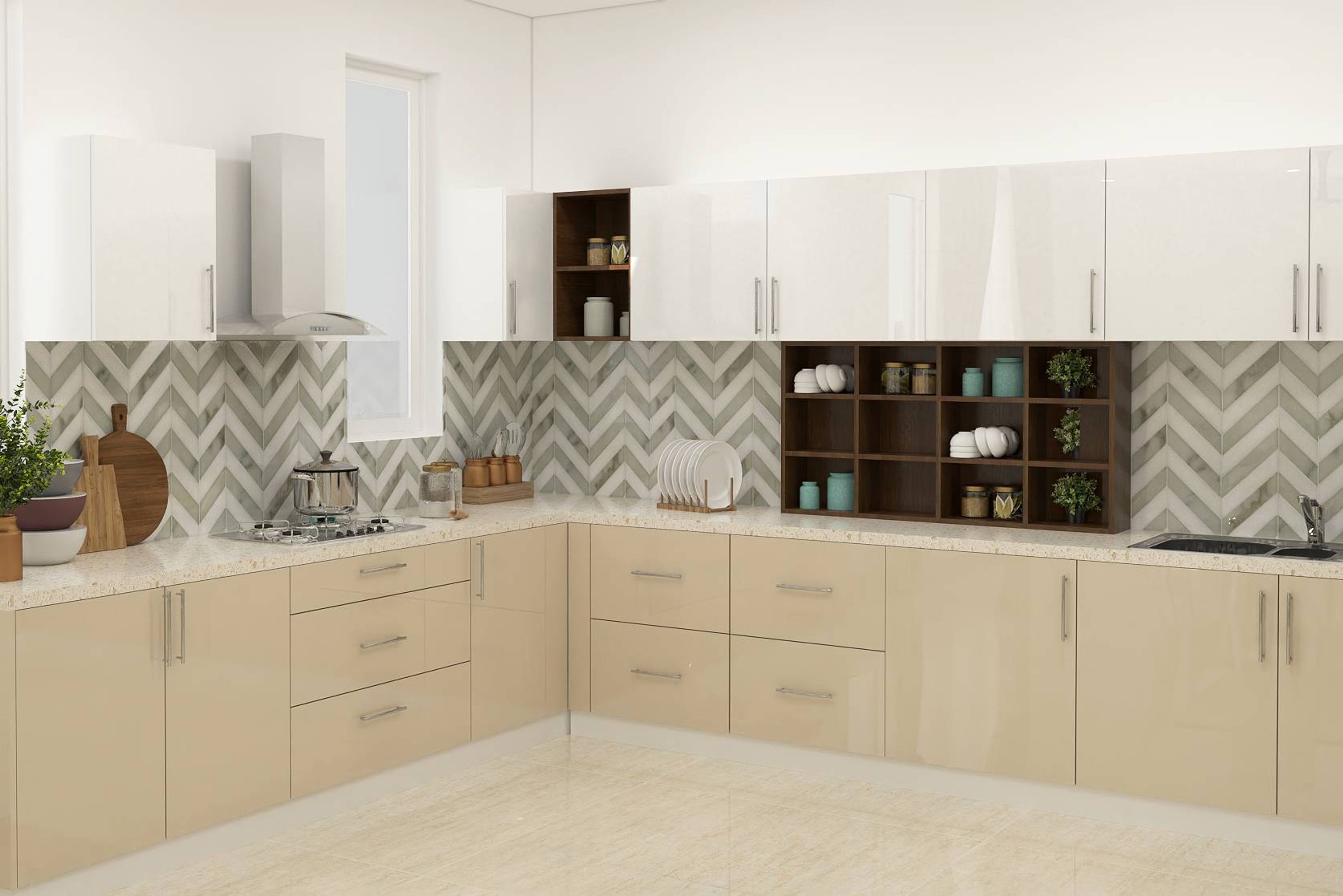 Spacious L-Shaped Modular Kitchen Interior Design With Subtle Colour Palette