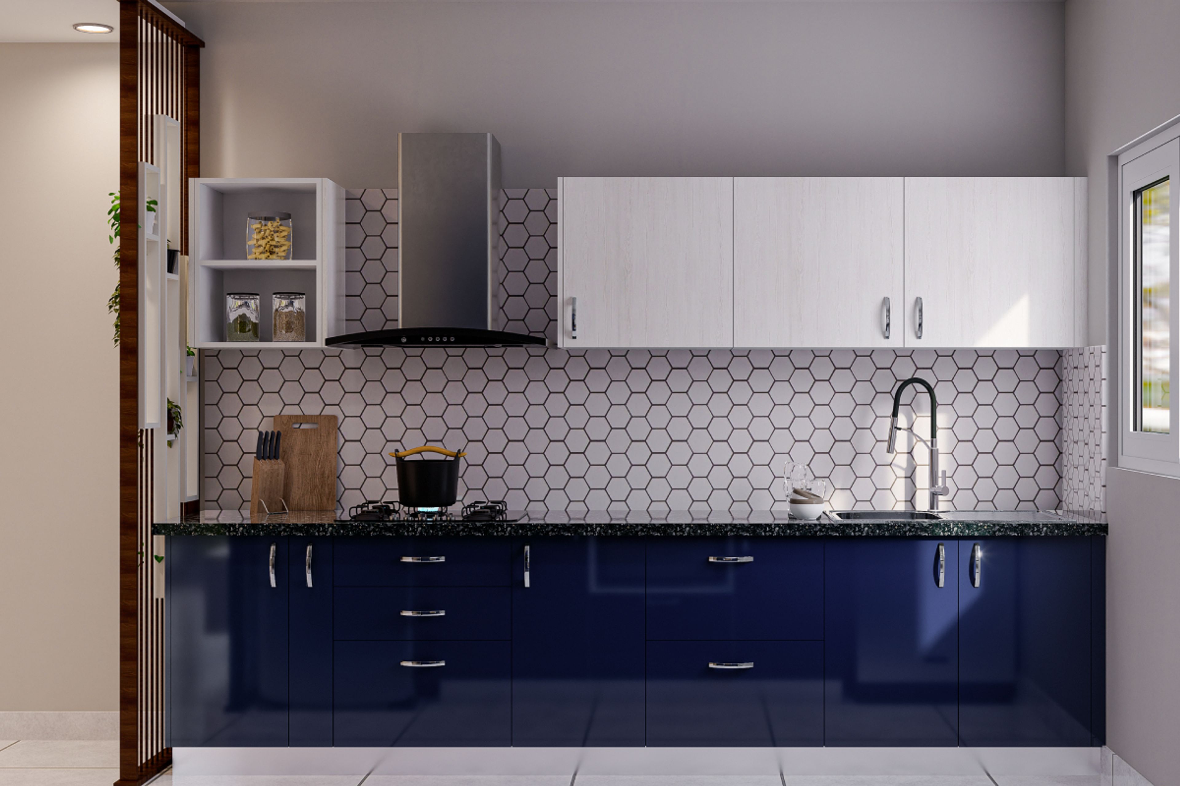 Contemporary Blue And White Modular Kitchen Design