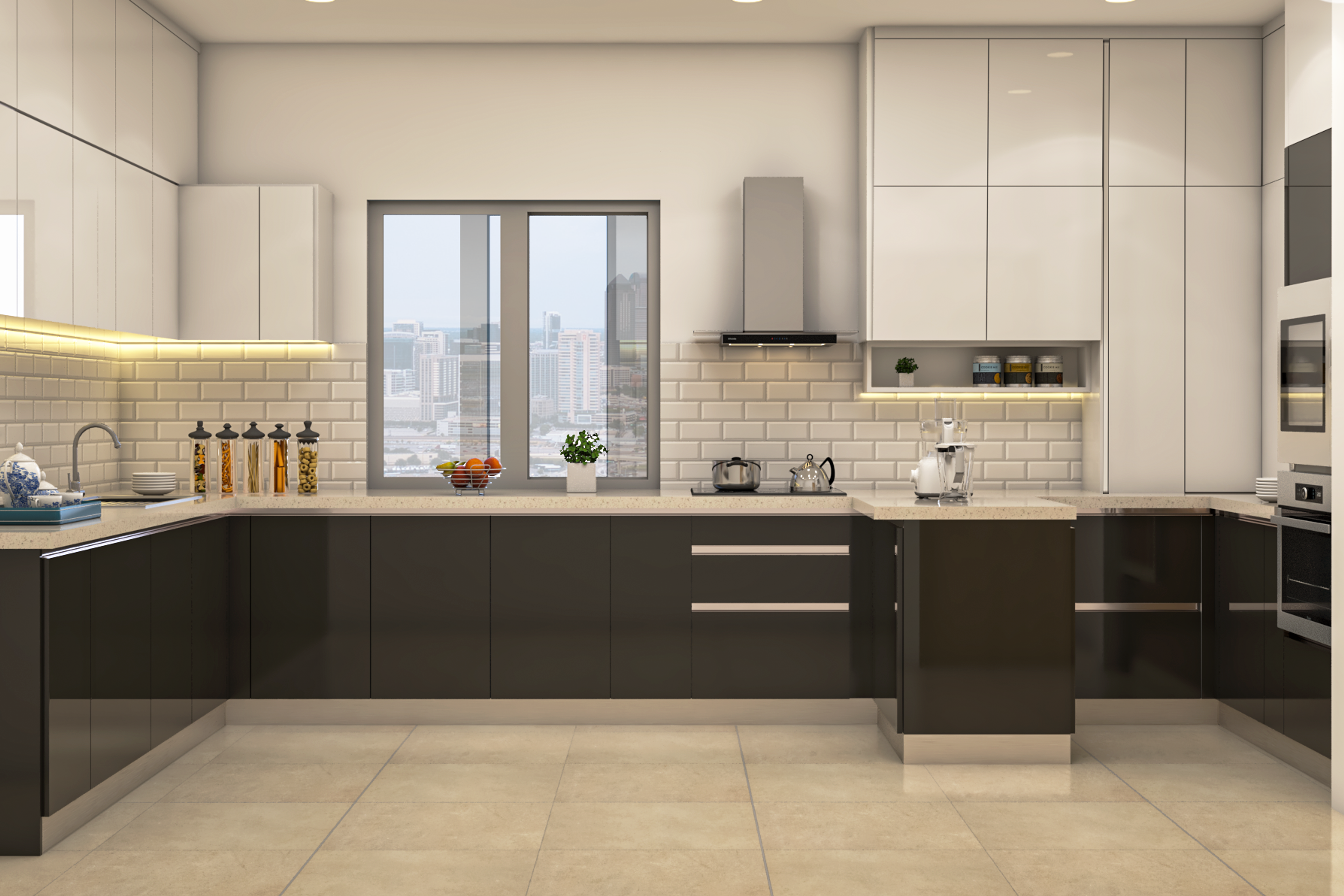 Modern Parallel Modular Kitchen Design In Black And White