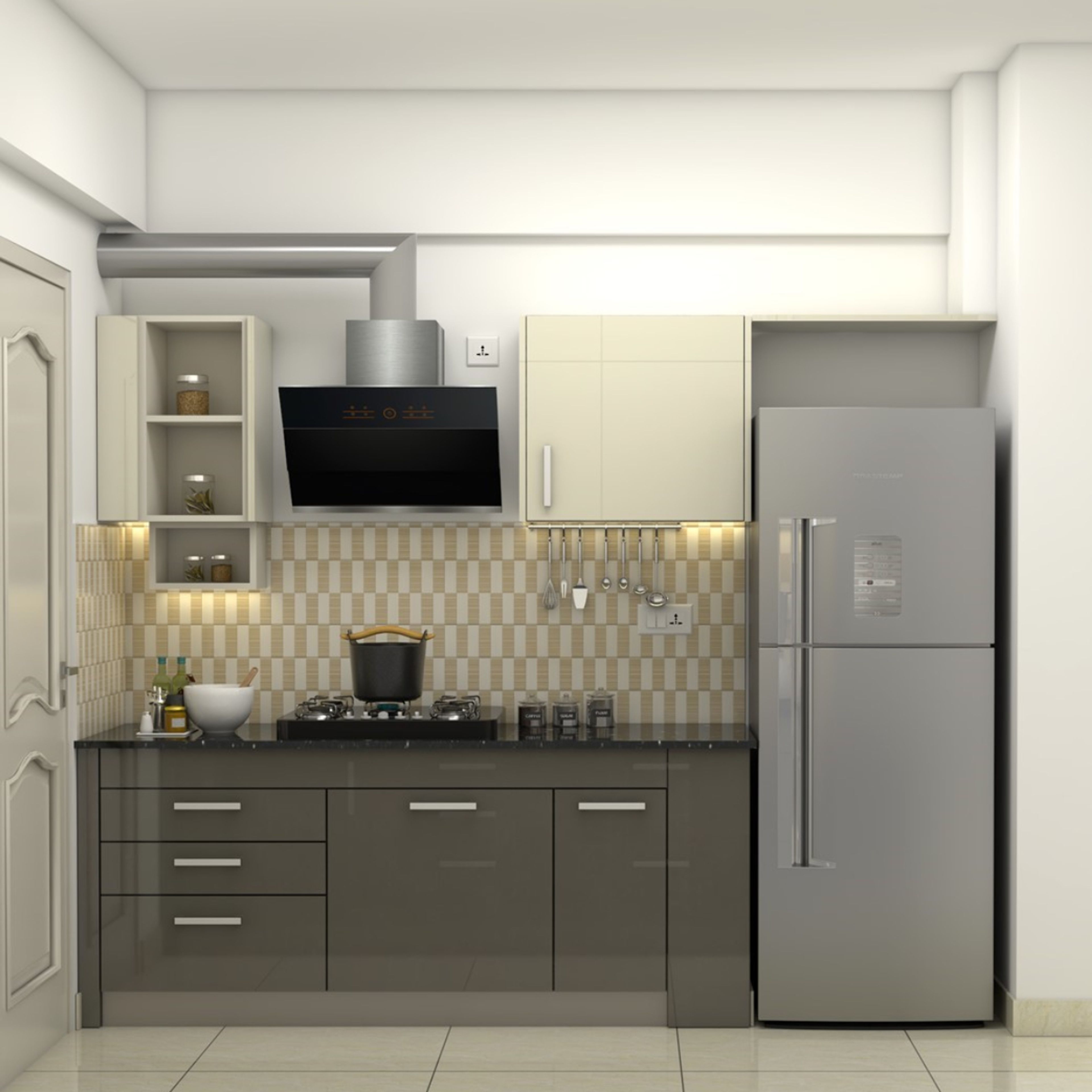 Modern Parallel Kitchen Modular Design With Cream And Grey Cabinets