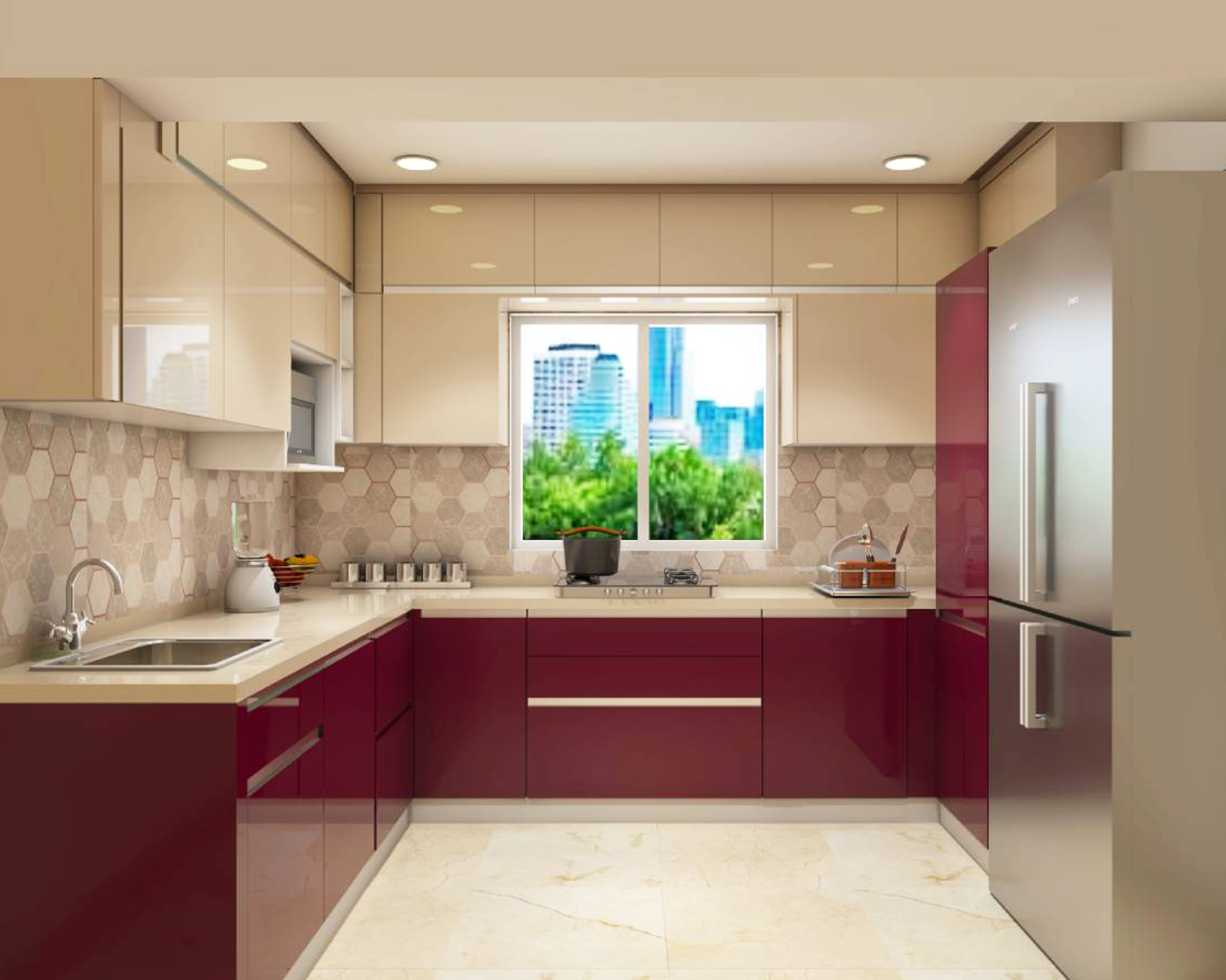 Contemporary Red And White Kitchen - Livspace