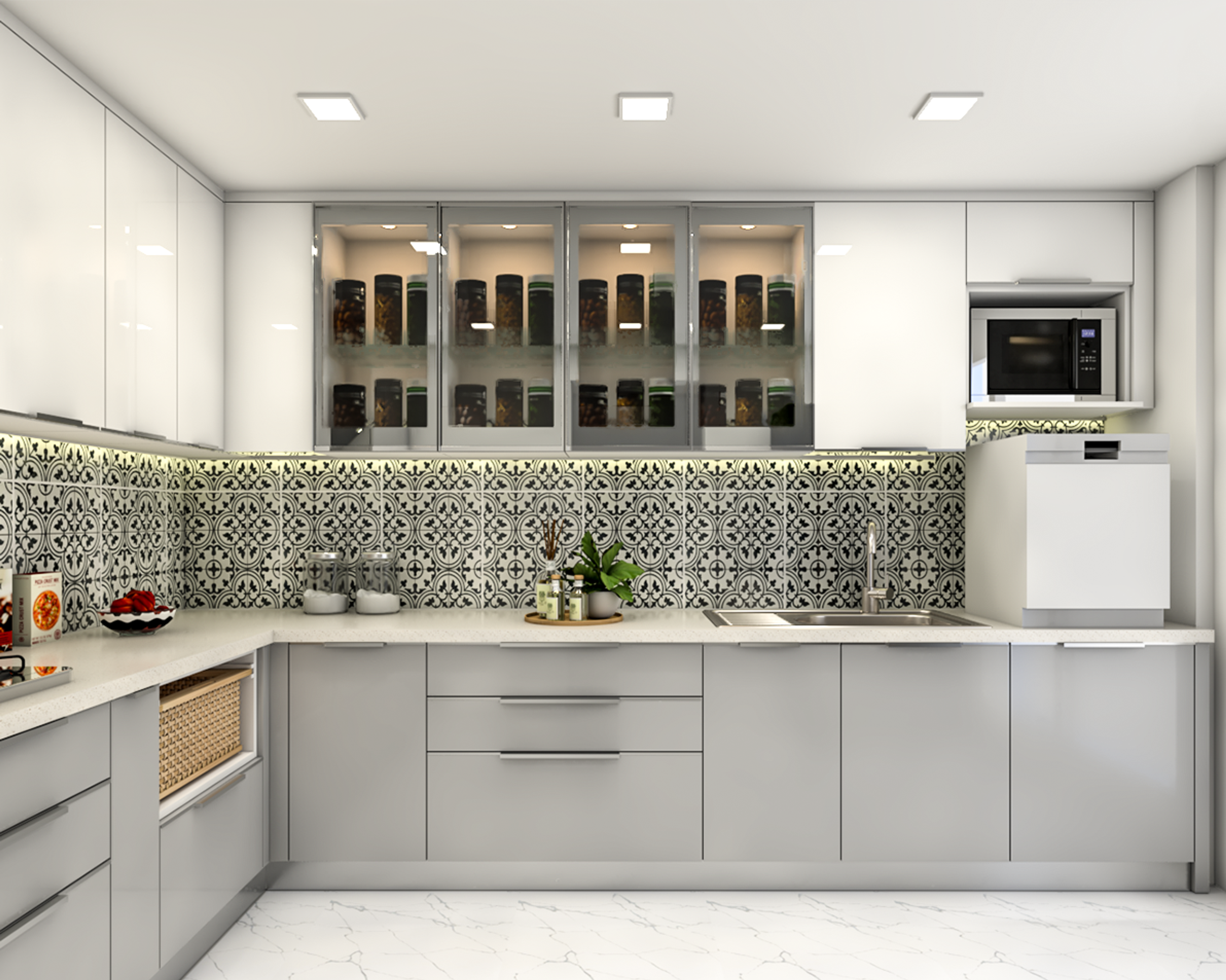 Contemporary L-Shaped Kitchen Design Idea With Crockery Unit