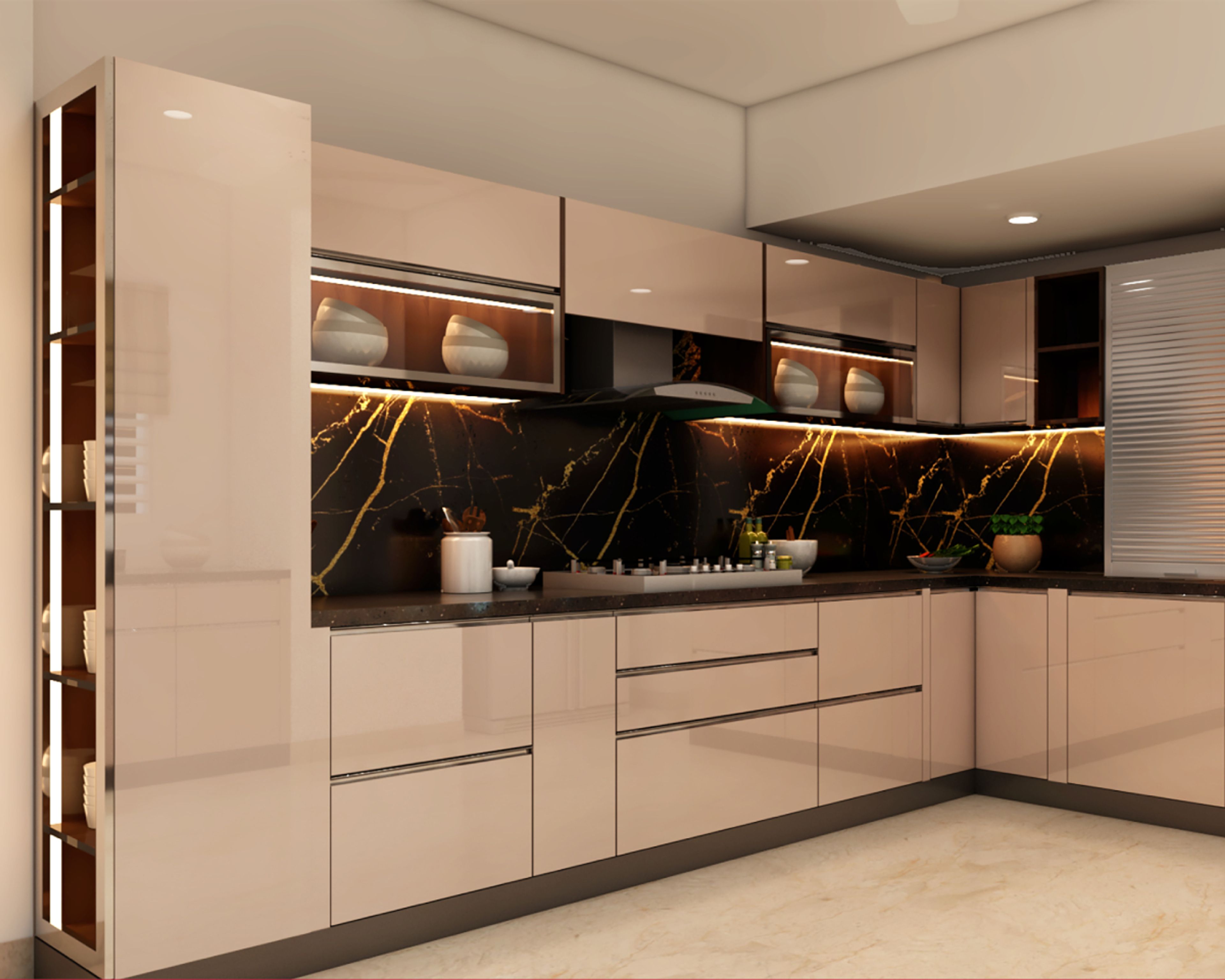 Contemporary Modular Kitchen Design With Beige Shutters