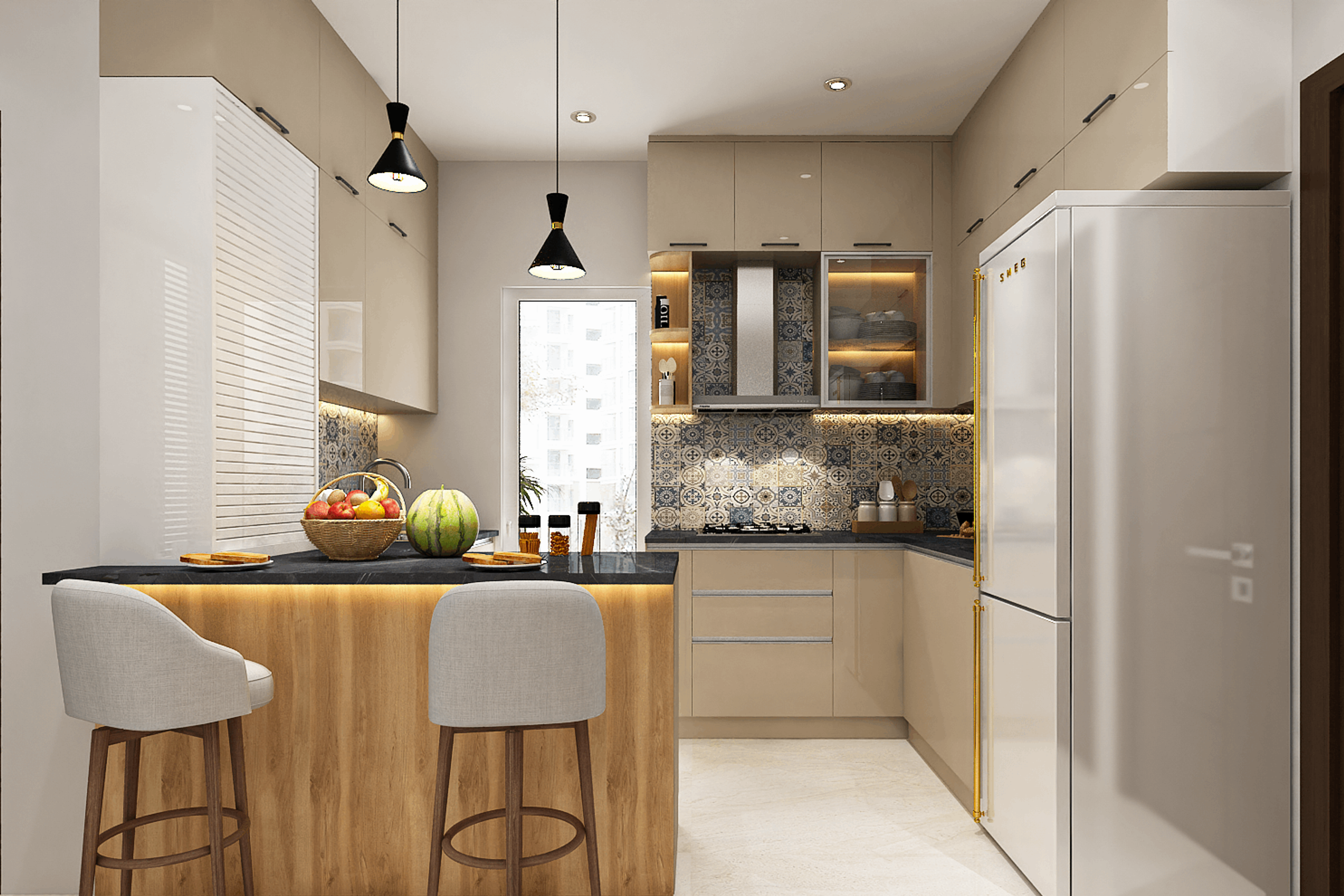Modern Beige Modular Kitchen Design With Breakfast Counter