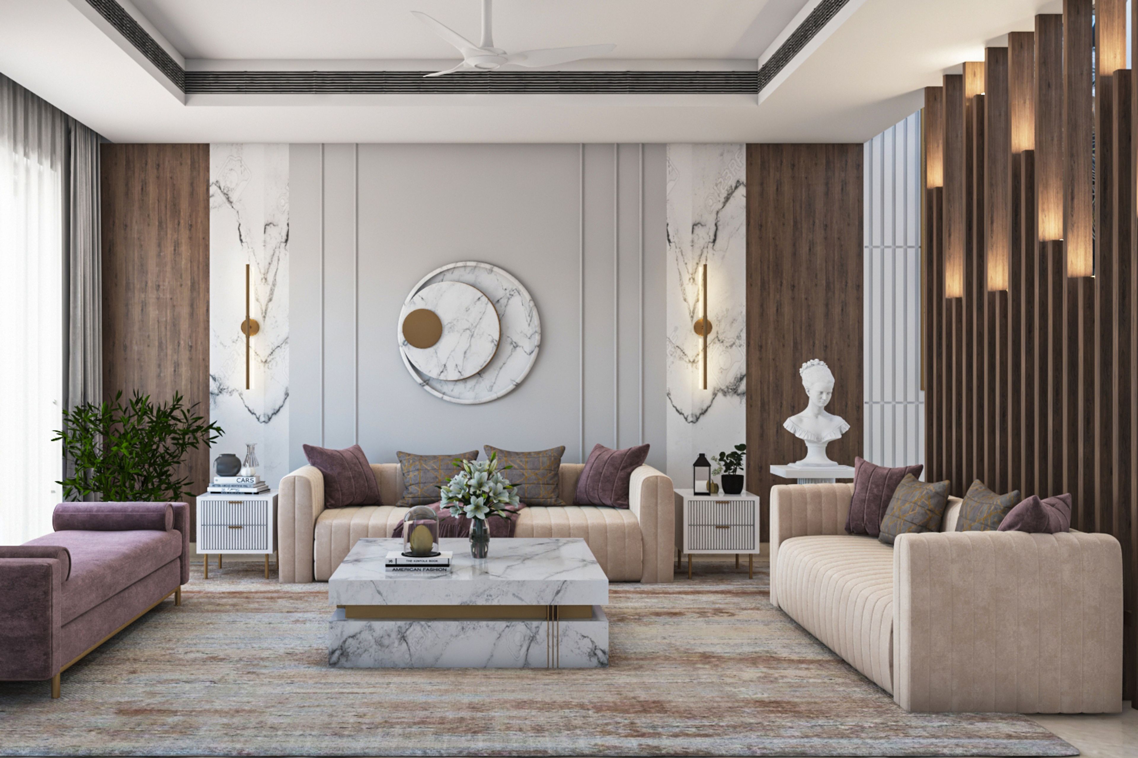 Contemporary Living Room Design With Beige And Purple Upholstery