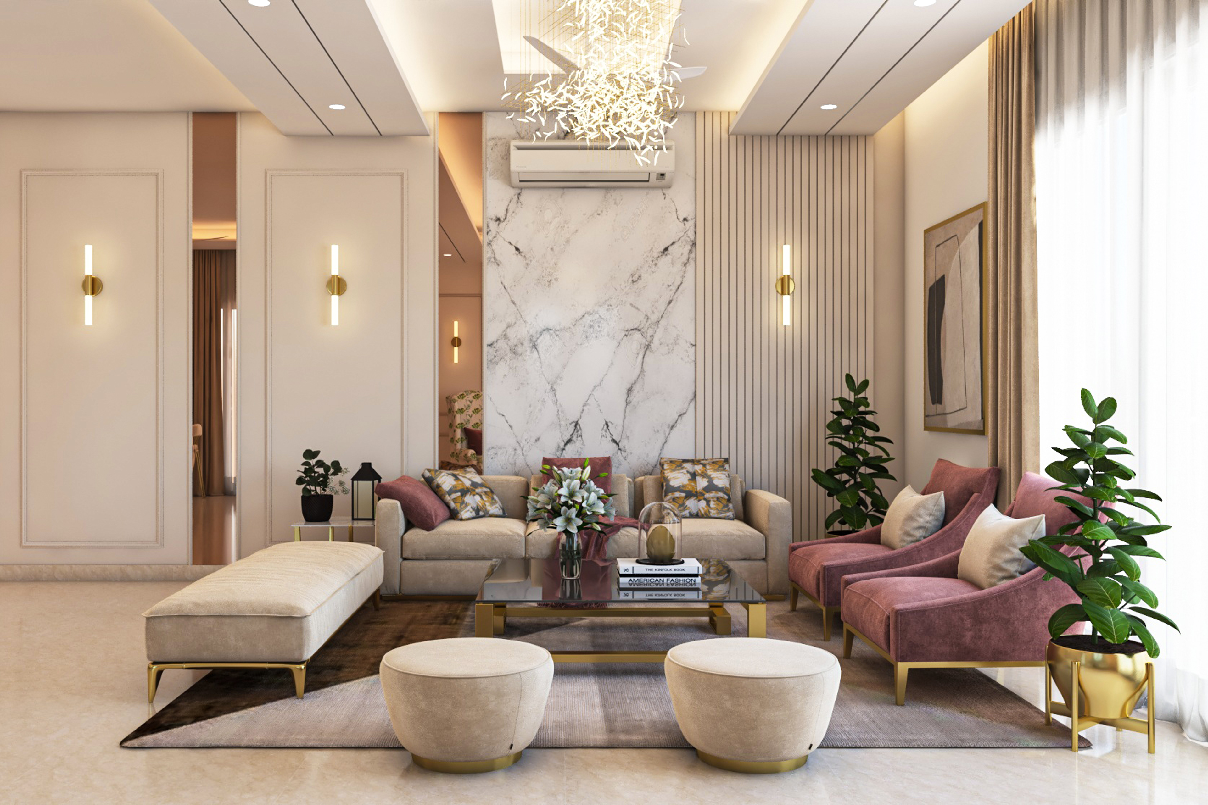 Classic Spacious Living Room Design With Beige And Pink Sofa